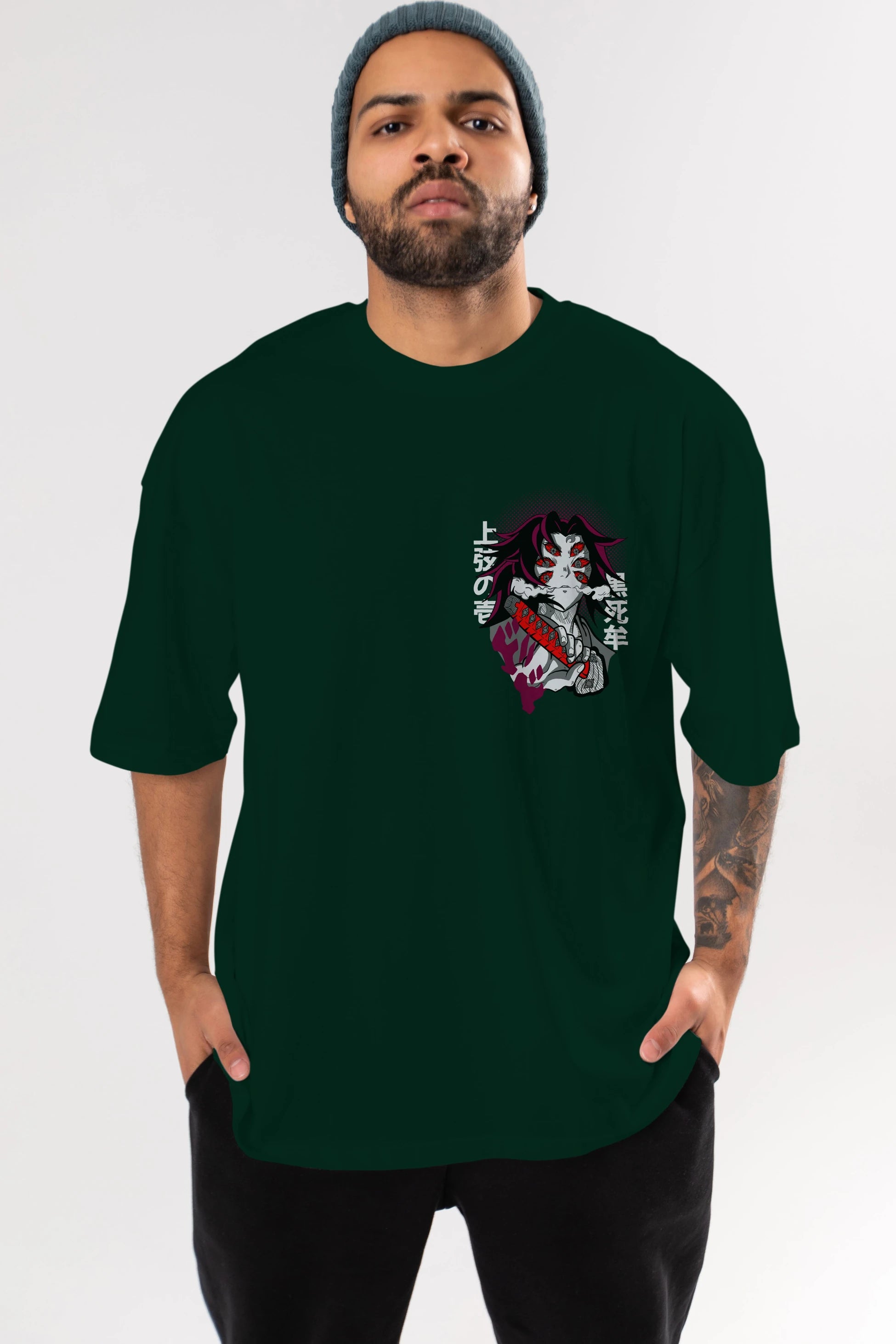 kokushibo DEMON SLAYER Ön Sol Baskılı Oversize t-shirt Erkek Kadın Unisex %100 Pamuk Bisiklet Yaka tişort