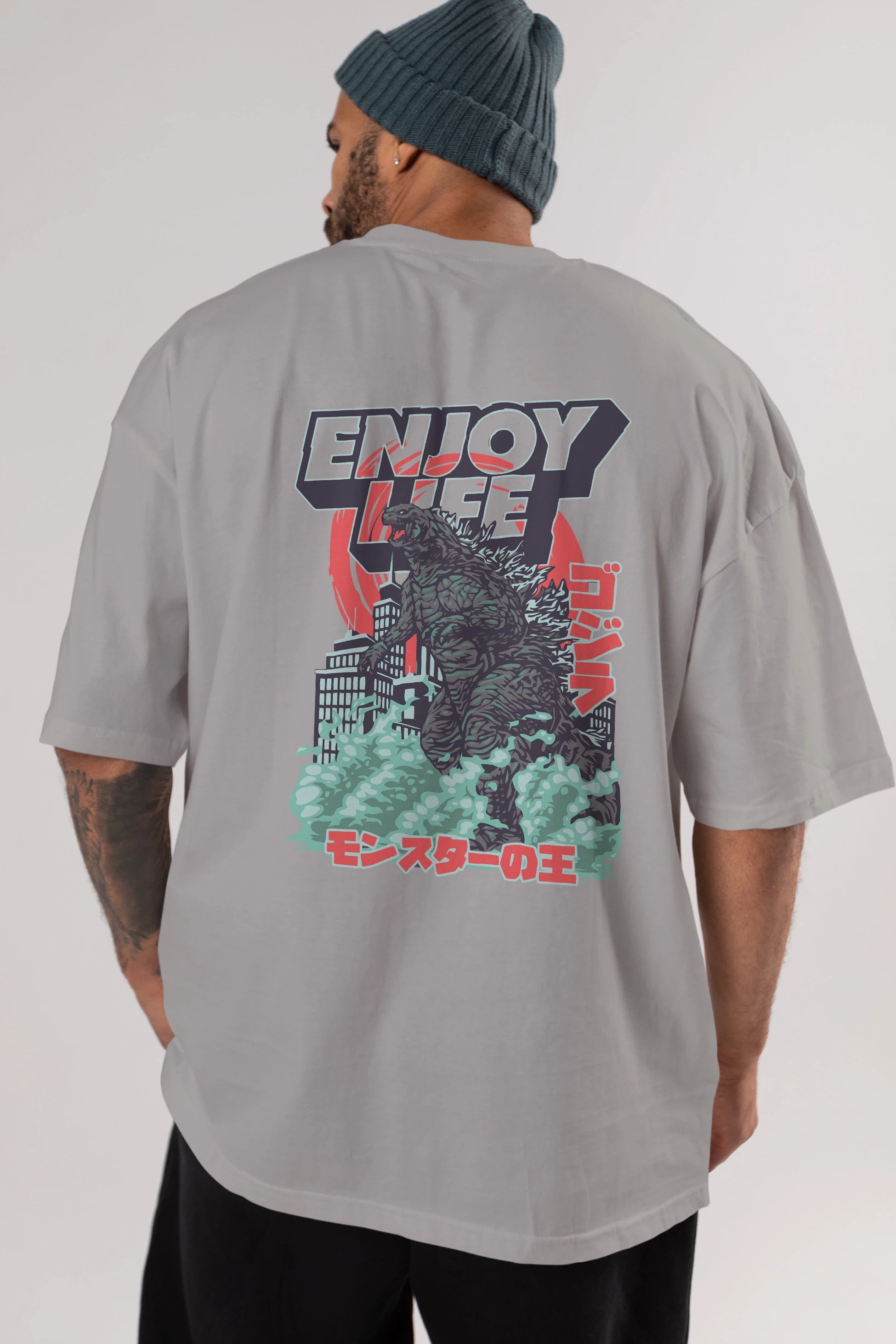 Godzilla Arka Baskılı Oversize t-shirt Erkek Kadın Unisex %100 Pamuk Bisiklet Yaka tişort