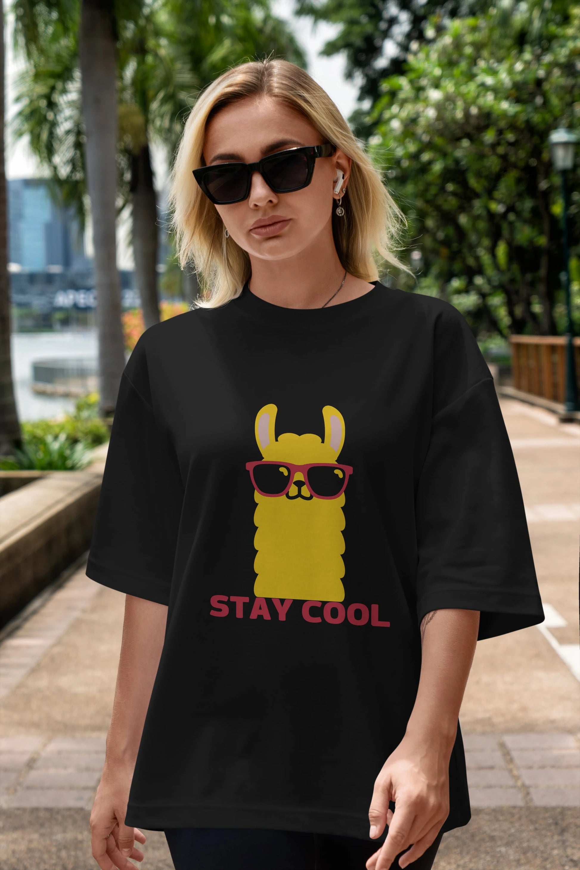 Stay Cool Yazılı Lama Ön Baskılı Oversize t-shirt Erkek Kadın Unisex