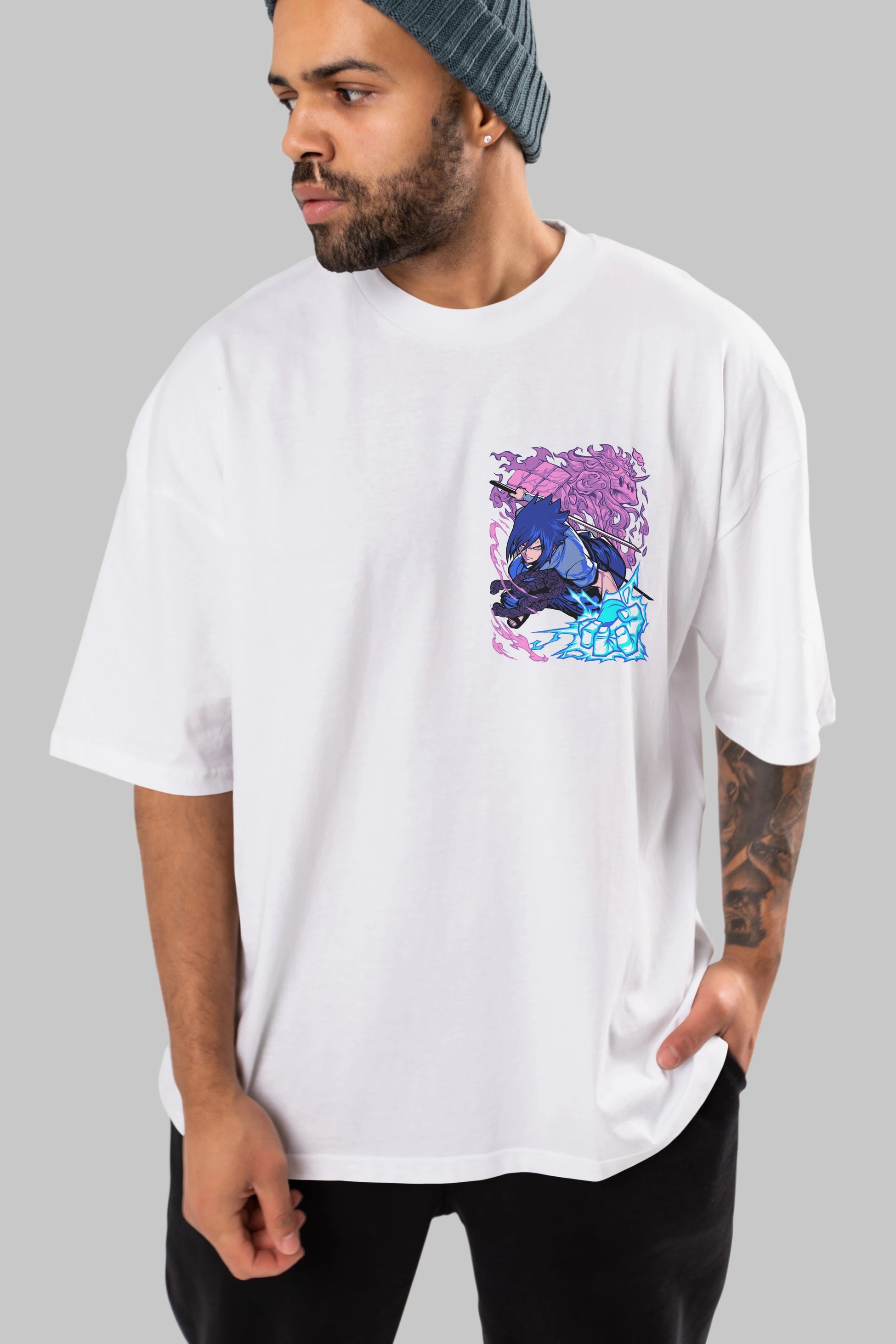 NARUTO SASUKE UCHIHA 2 Ön Sol Baskılı Oversize t-shirt Erkek Kadın Unisex %100 Pamuk Bisiklet Yaka tişort