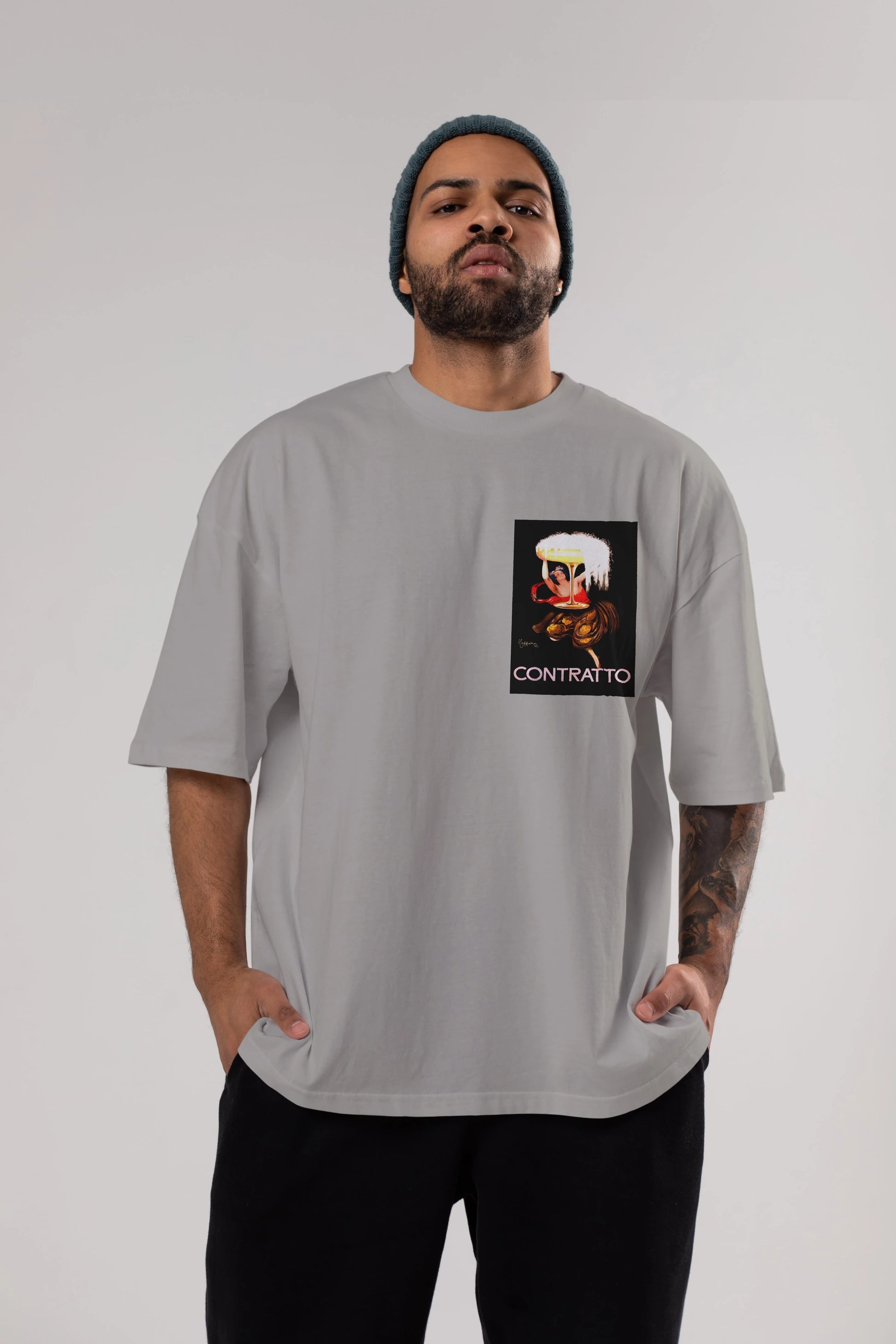 Contratto Ön Sol Baskılı Oversize t-shirt Erkek Kadın Unisex %100 Pamuk Bisiklet Yaka tişort