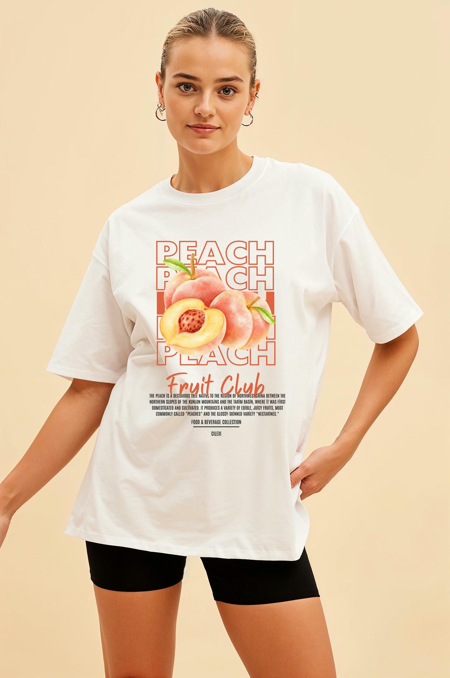 Peach Ön Baskılı Oversize t-shirt Erkek Kadın Pamuk Bisiklet Yaka tişort