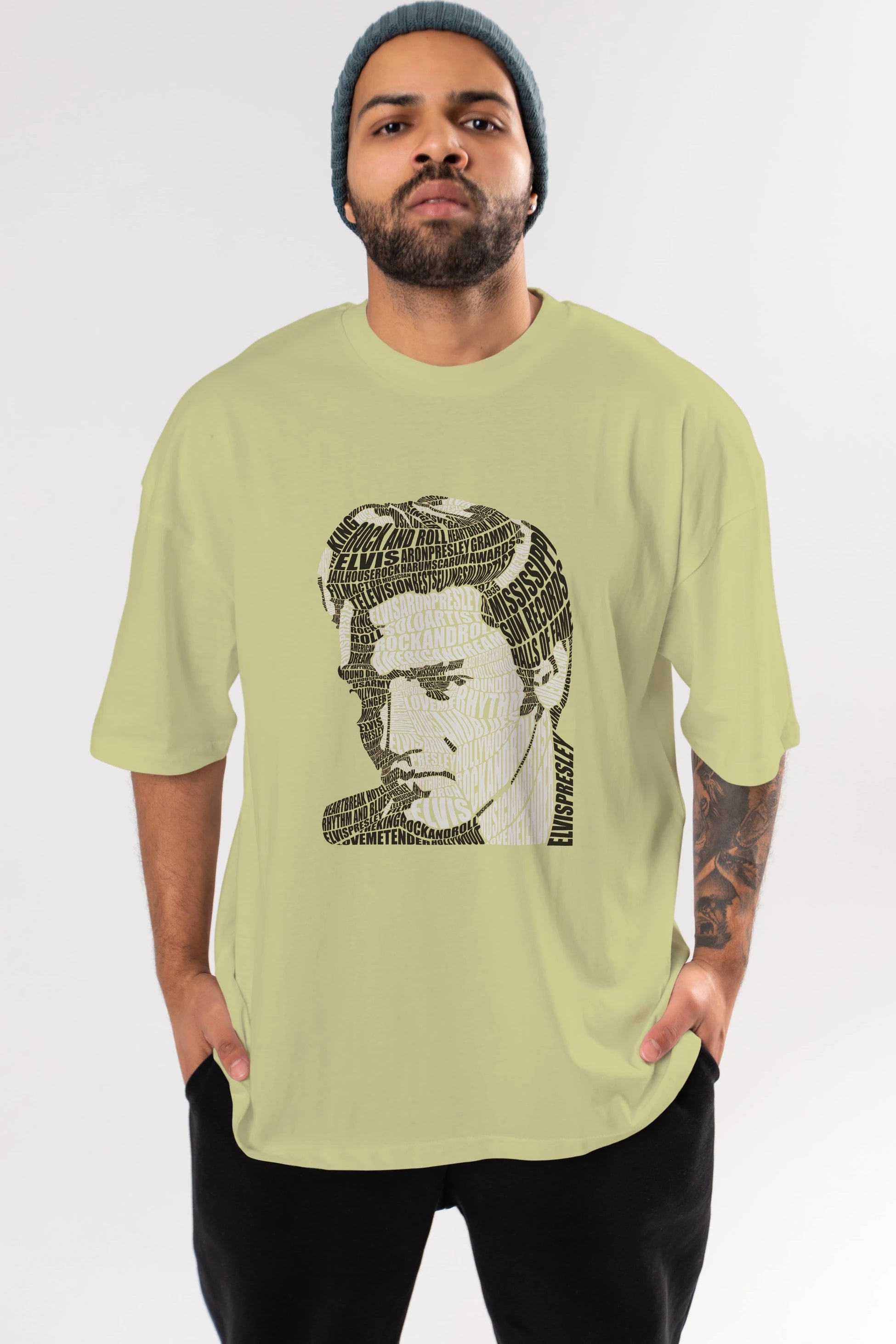 Elvis Presley Calligram Ön Baskılı Oversize t-shirt %100 pamuk Erkek Kadın Unisex
