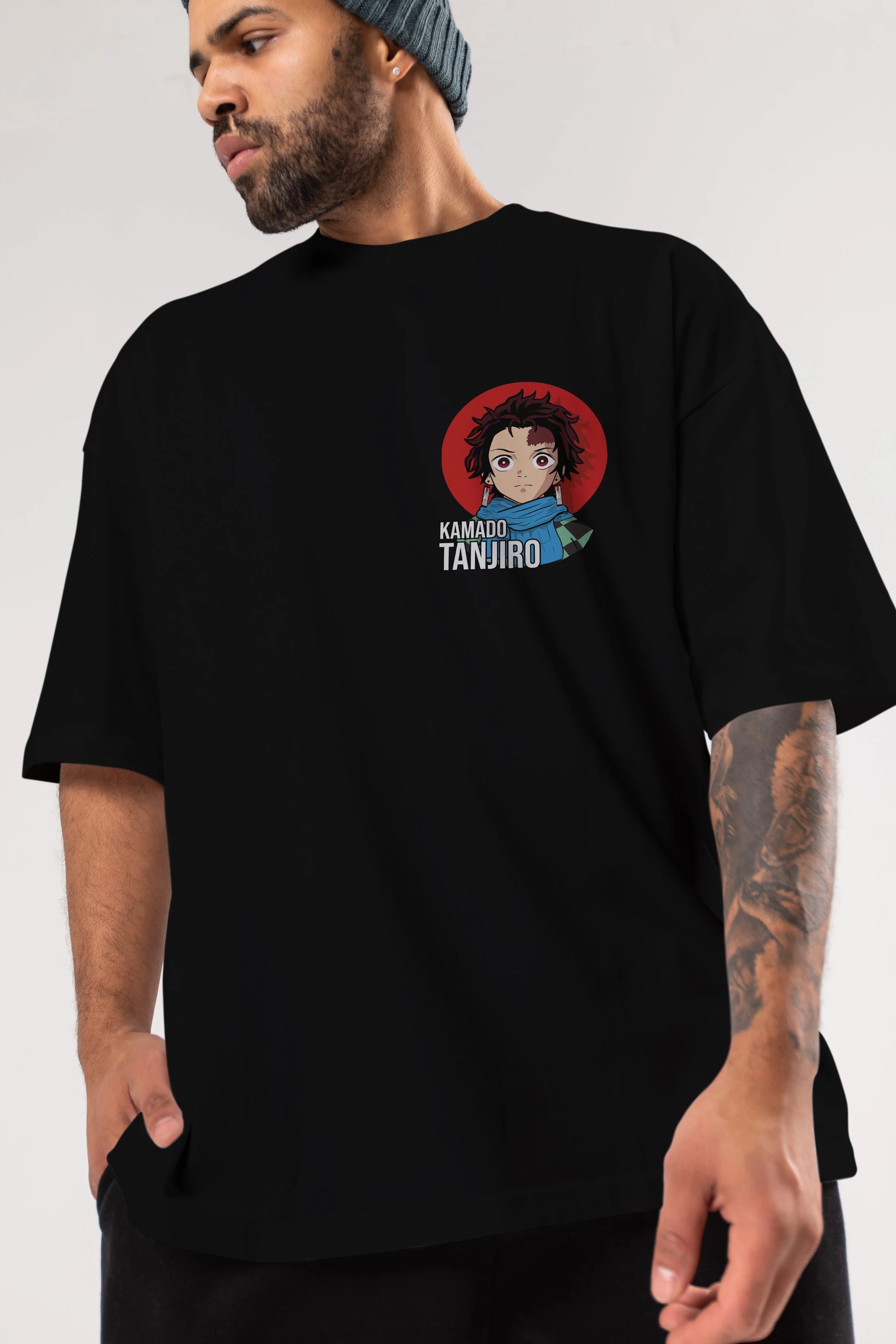 TANJIRO KAMADO Ön Sol Baskılı Oversize t-shirt Erkek Kadın Unisex %100 Pamuk Bisiklet Yaka tişort