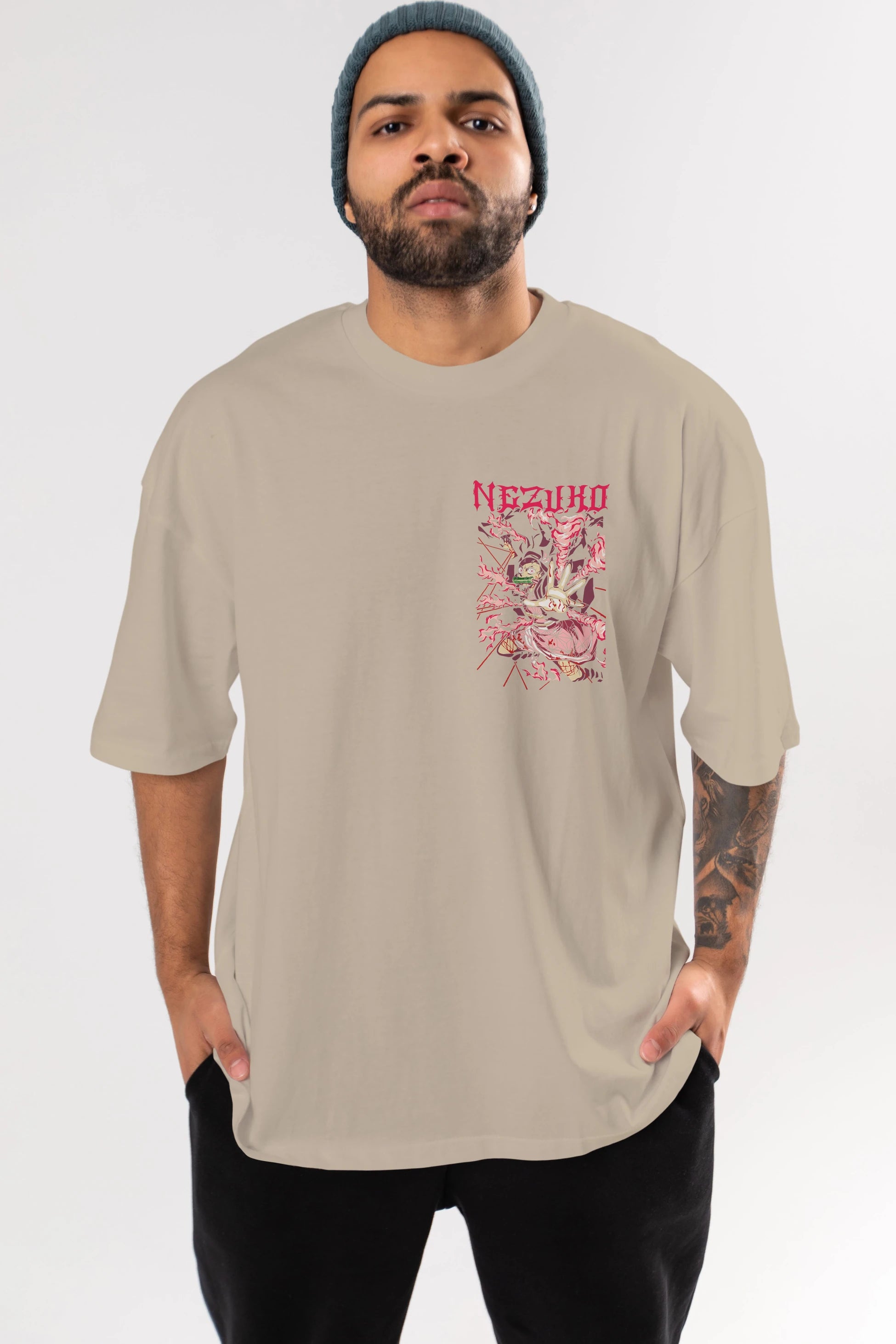 NEZUKO KAMADO Ön Sol Baskılı Oversize t-shirt Erkek Kadın Unisex %100 Pamuk Bisiklet Yaka tişort