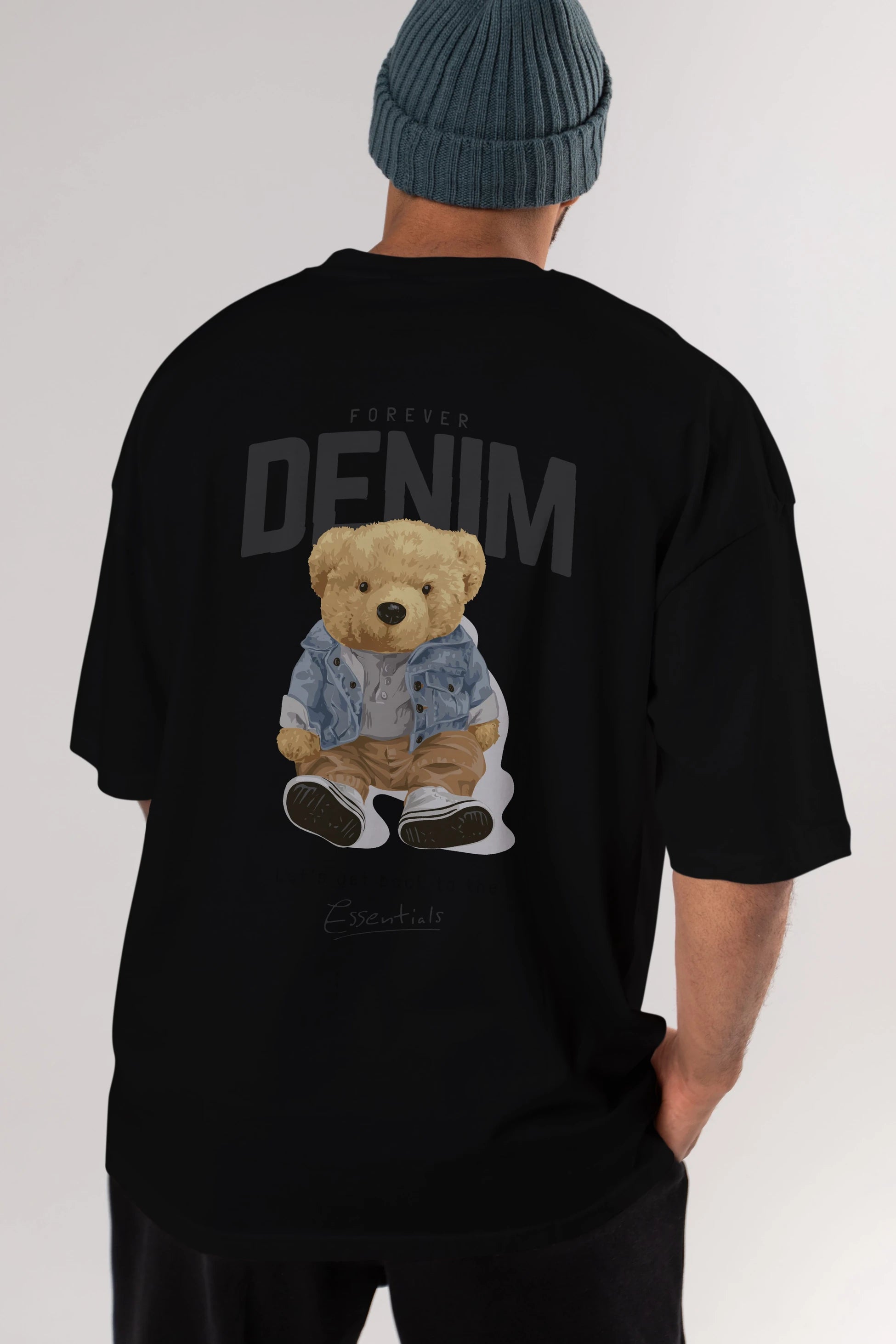 Teddy Bear Forever Denim Arka Baskılı Oversize t-shirt Erkek Kadın Unisex %100 Pamuk