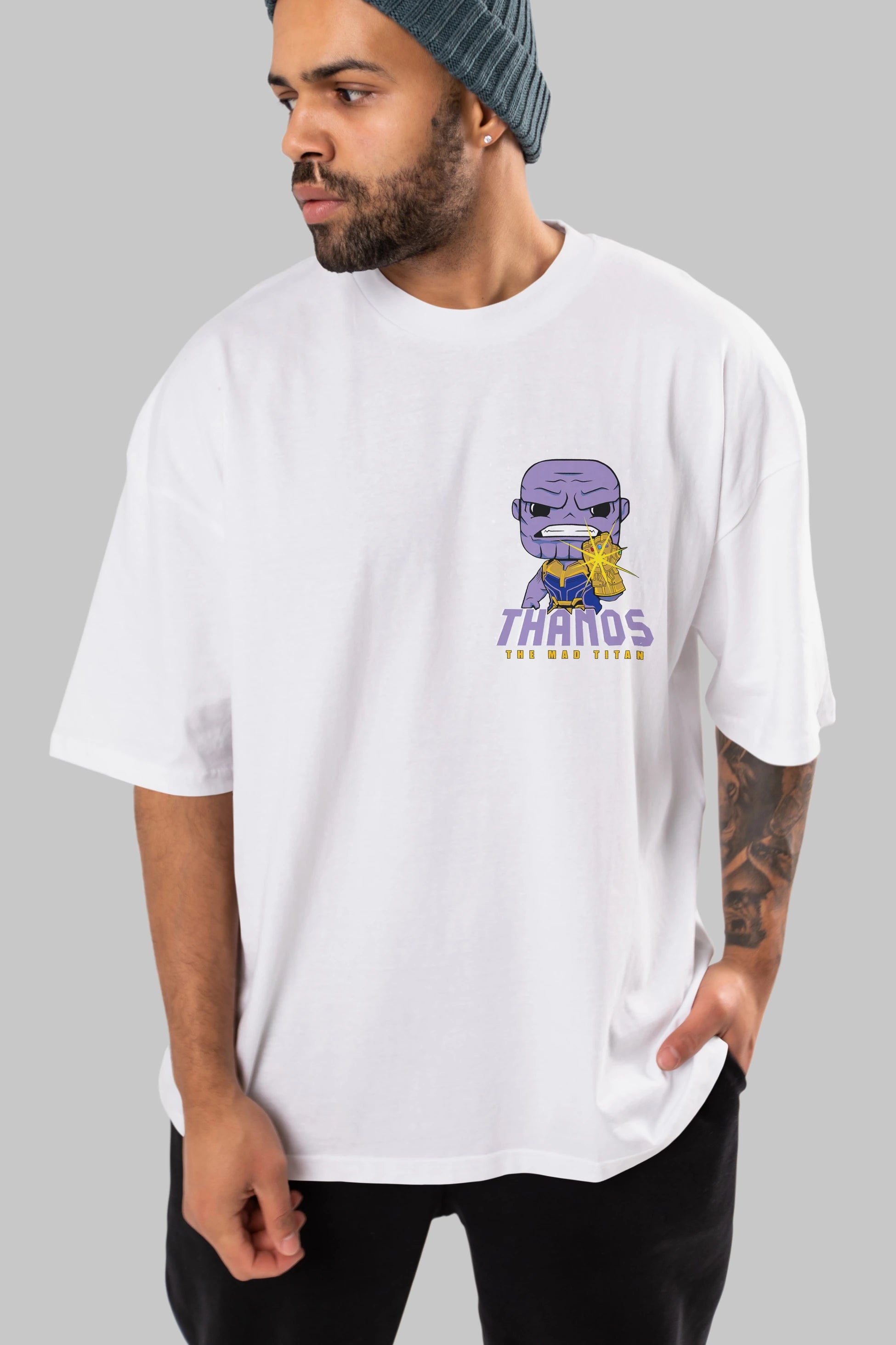 Thanos (1) Ön Sol Baskılı Oversize t-shirt Erkek Kadın Unisex %100 Pamuk Bisiklet Yaka tişort