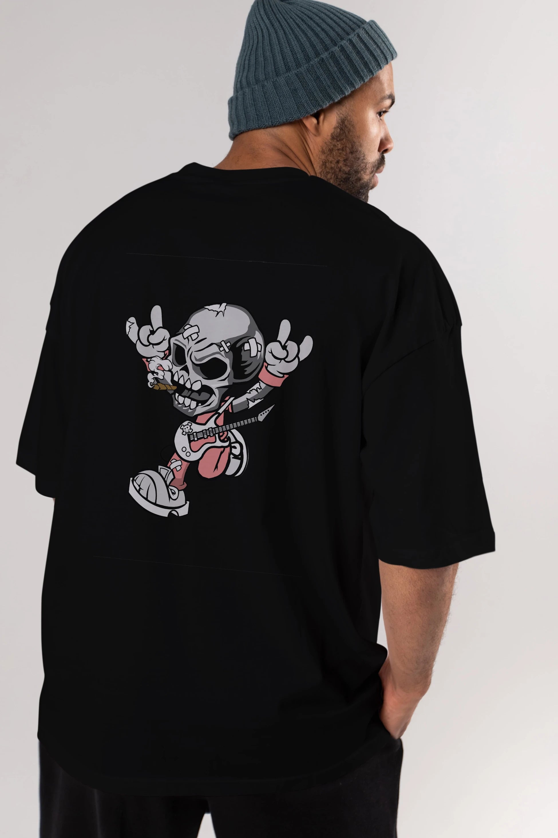 Skull Metal Sign Arka Baskılı Oversize t-shirt Erkek Kadın Unisex %100 Pamuk tişort