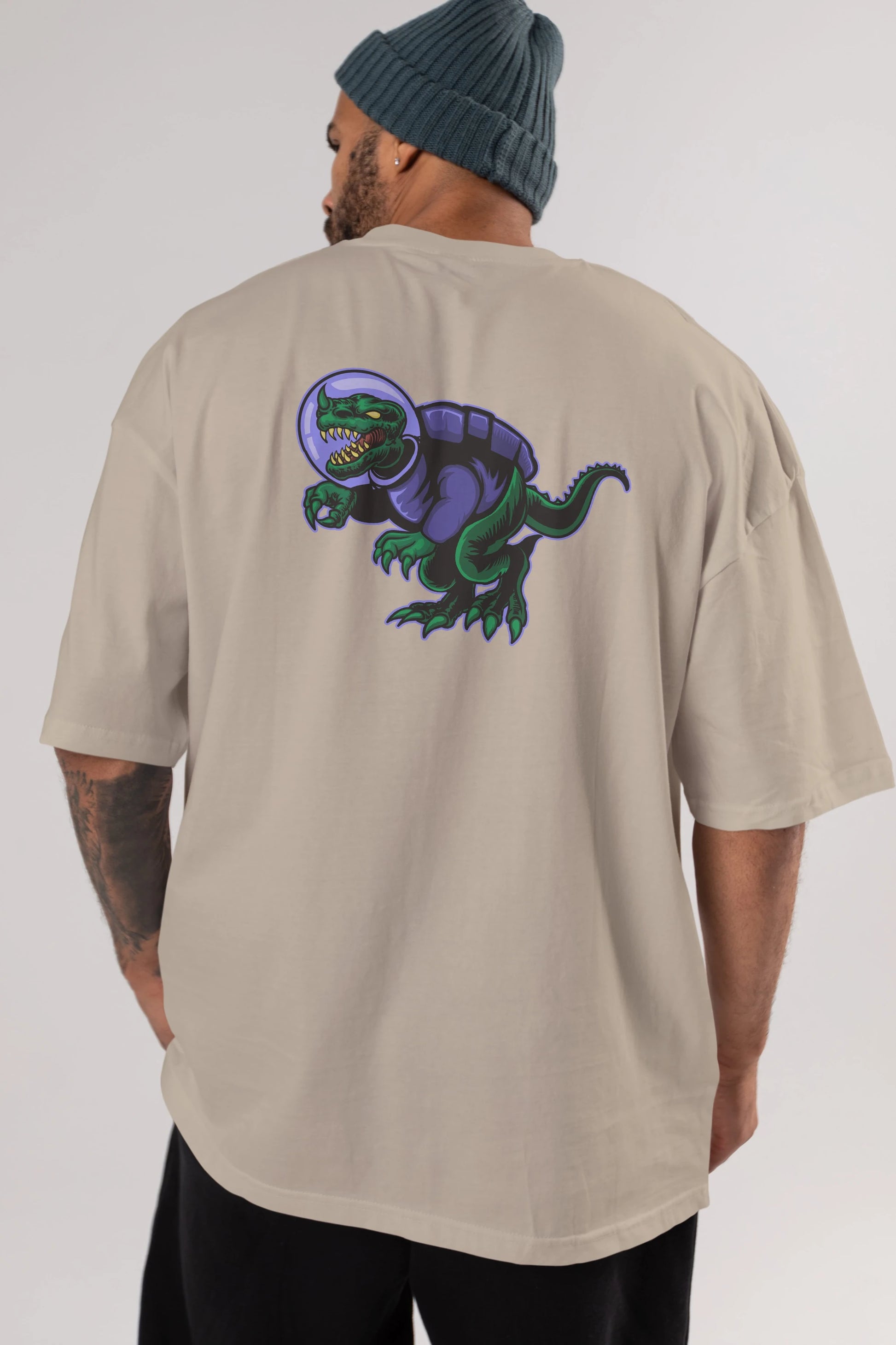 Space Dino Arka Baskılı Oversize t-shirt Erkek Kadın Unisex
