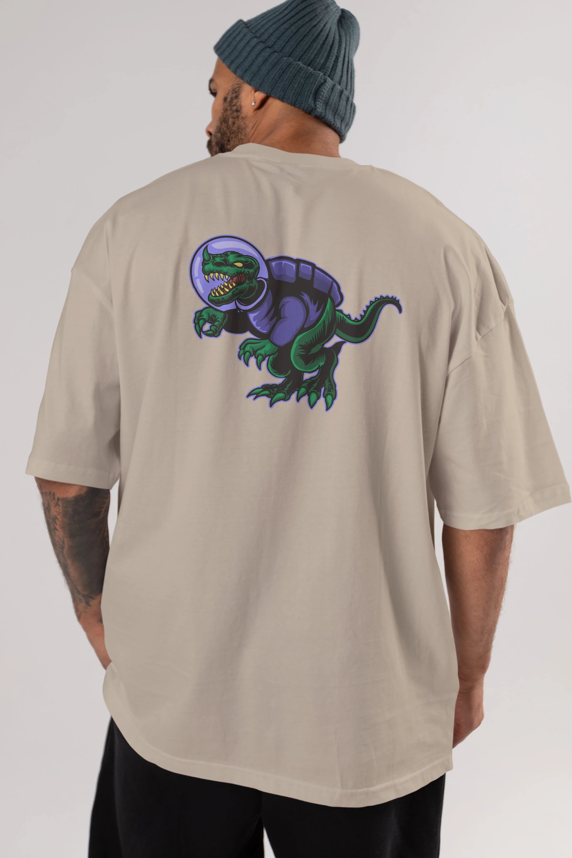 Space Dino Arka Baskılı Oversize t-shirt Erkek Kadın Unisex
