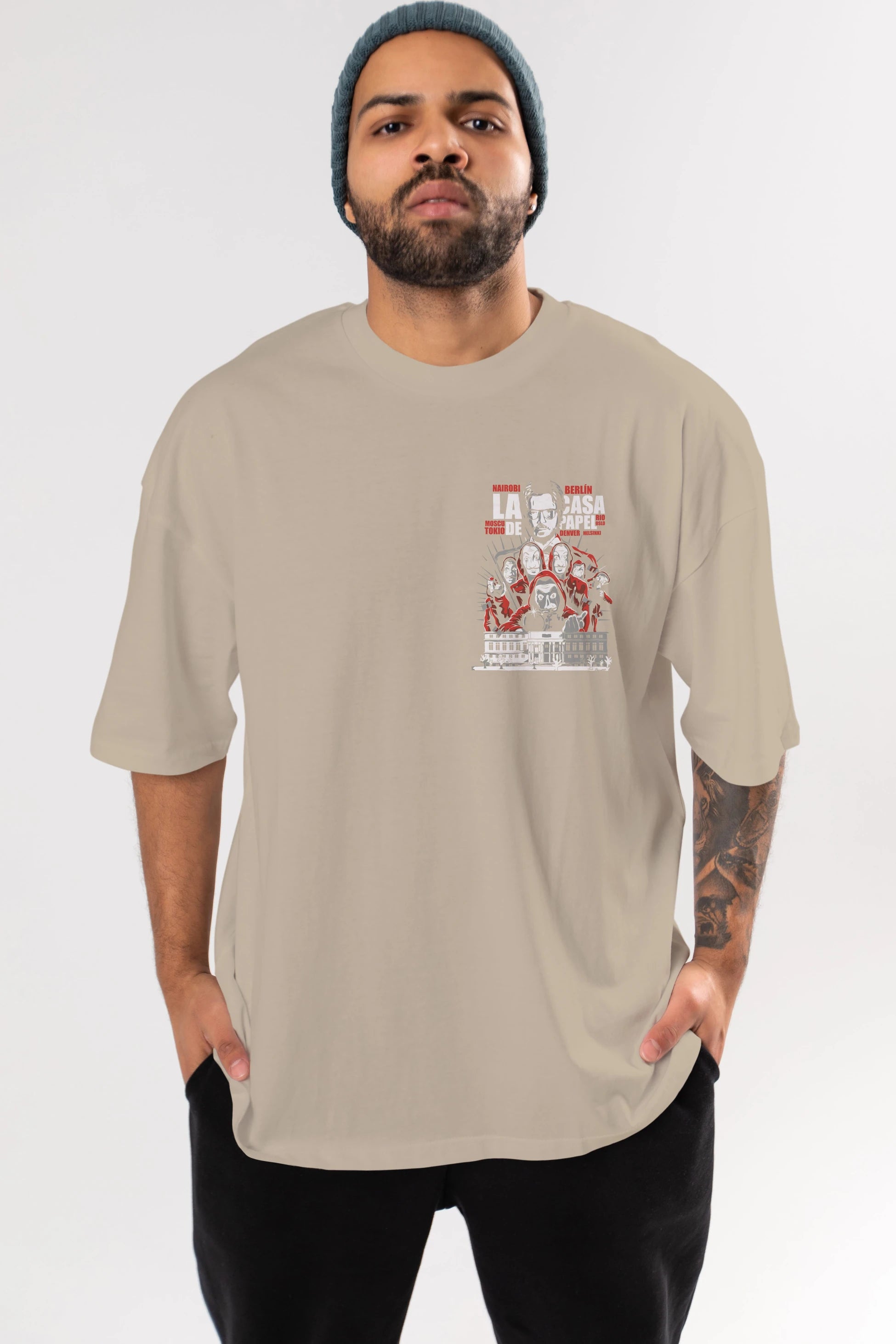 La Casa De Papel (2) Ön Sol Baskılı Oversize t-shirt Erkek Kadın Unisex %100 Pamuk Bisiklet Yaka tişort