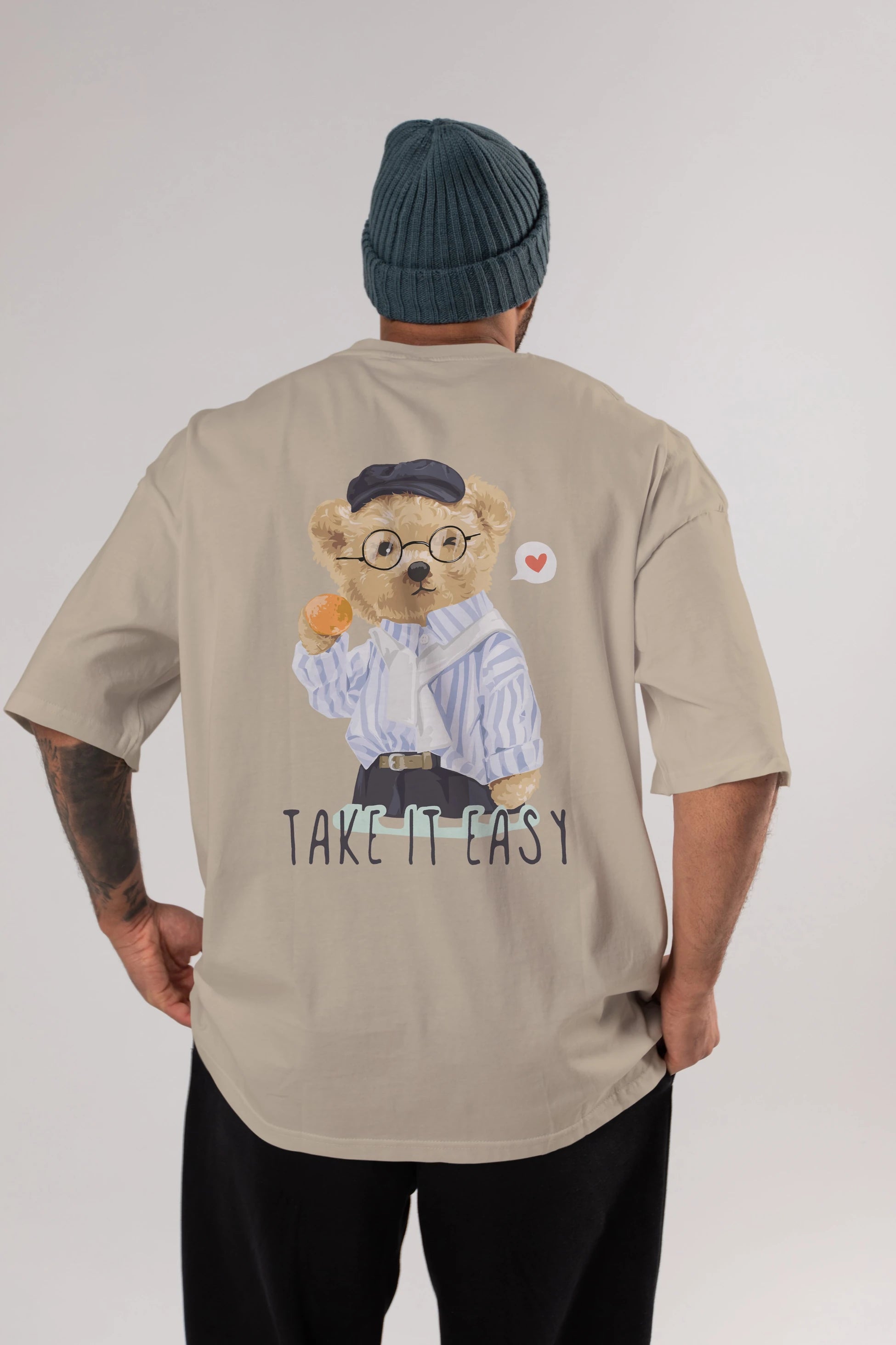 Teddy Bear Take it Easy Arka Baskılı Oversize t-shirt Erkek Kadın Unisex %100 Pamuk