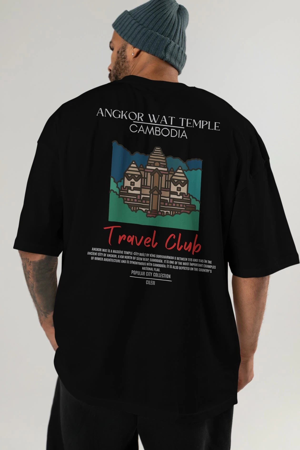 Angkor Wat Temple Cambodia Arka Baskılı Oversize t-shirt Erkek Kadın Pamuk Bisiklet Yaka tişort