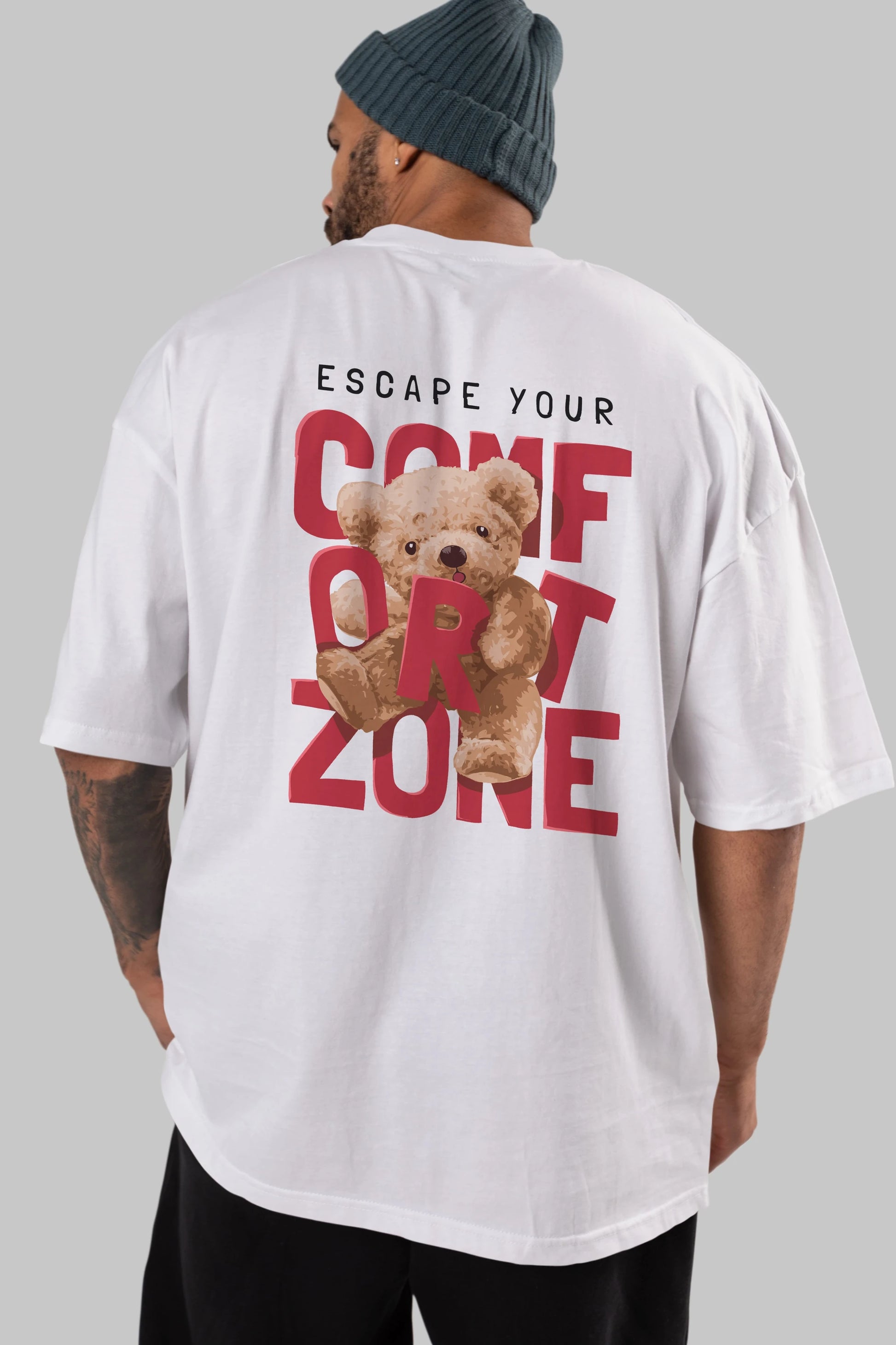 Teddy Bear Escape Comfort Zone Arka Baskılı Oversize t-shirt Erkek Kadın Unisex %100 Pamuk