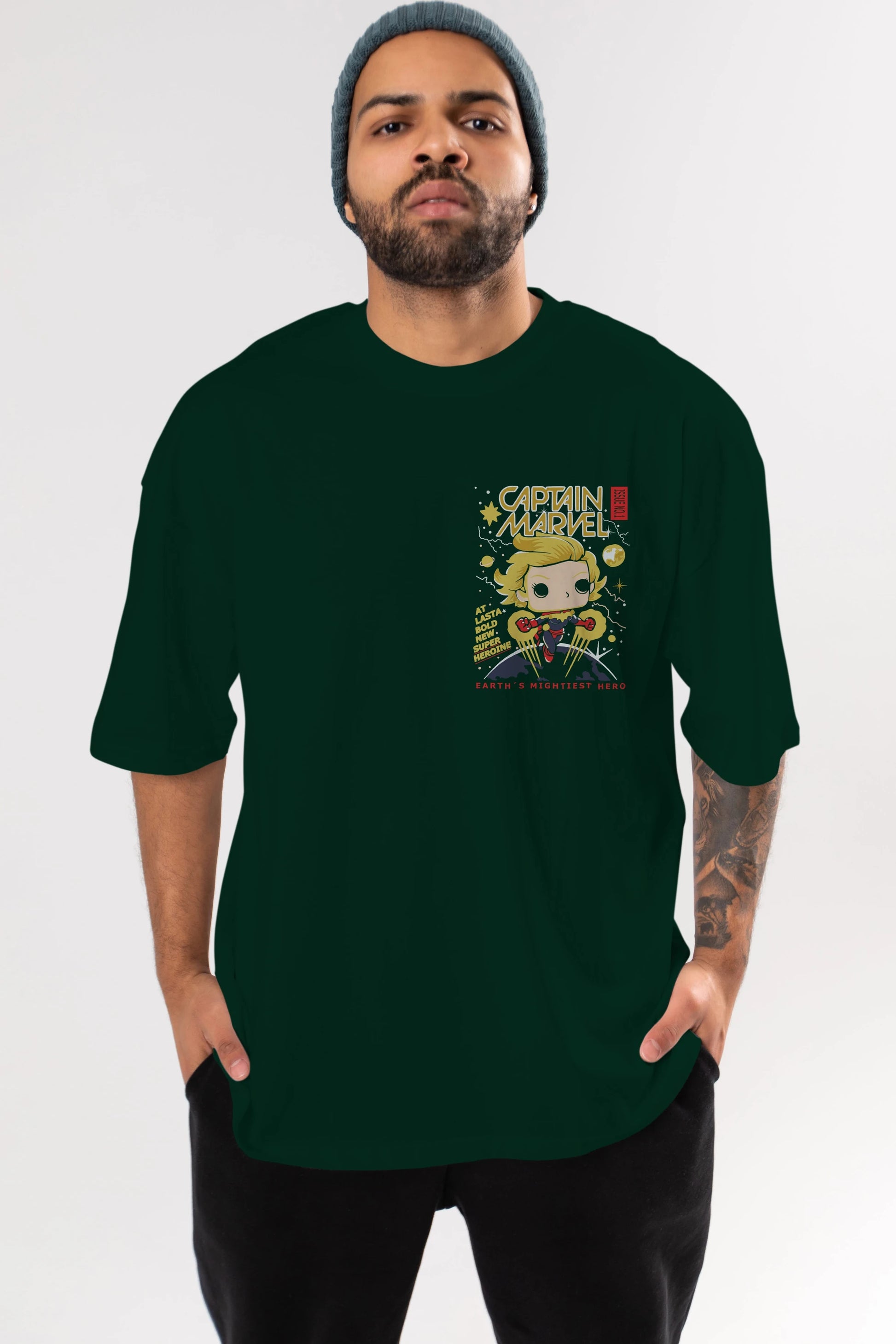 Captain Marvel Ön Sol Baskılı Oversize t-shirt Erkek Kadın Unisex %100 Pamuk Bisiklet Yaka tişort