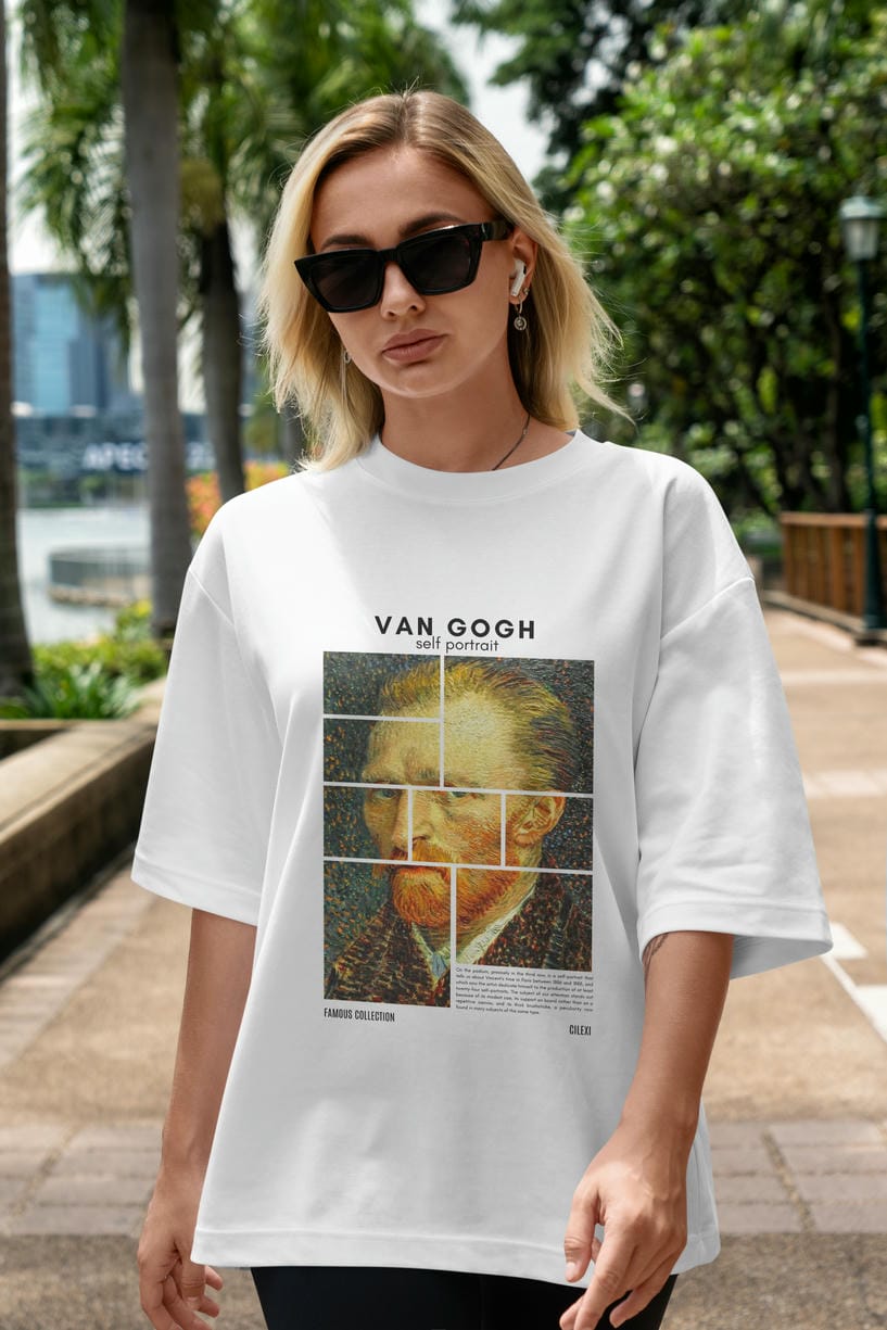 Van Gogh Self Portrait ön Baskılı Oversize t-shirt Erkek Kadın Bisiklet Yaka Pamuk tişort
