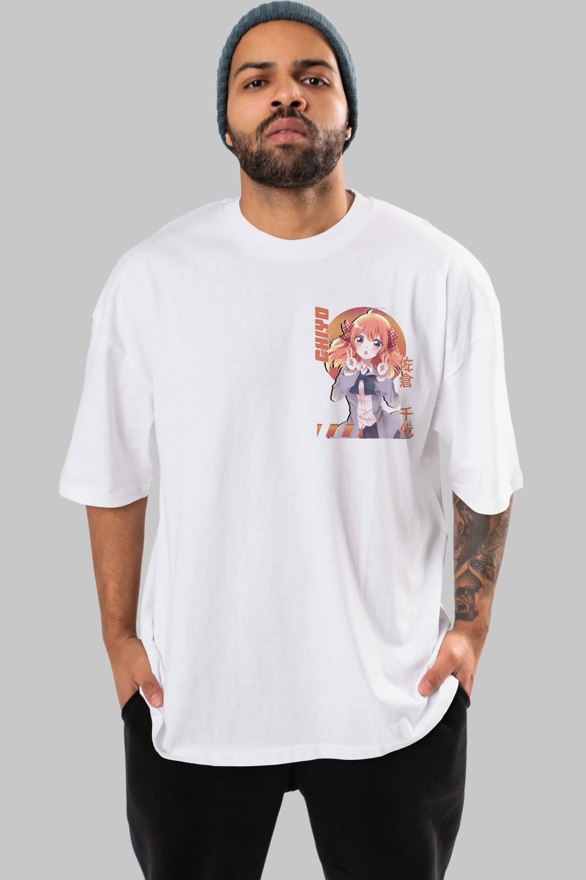 Chiyo Sakura 5 Ön Sol Baskılı Oversize t-shirt Erkek Kadın Unisex %100 Pamuk Bisiklet Yaka tişort