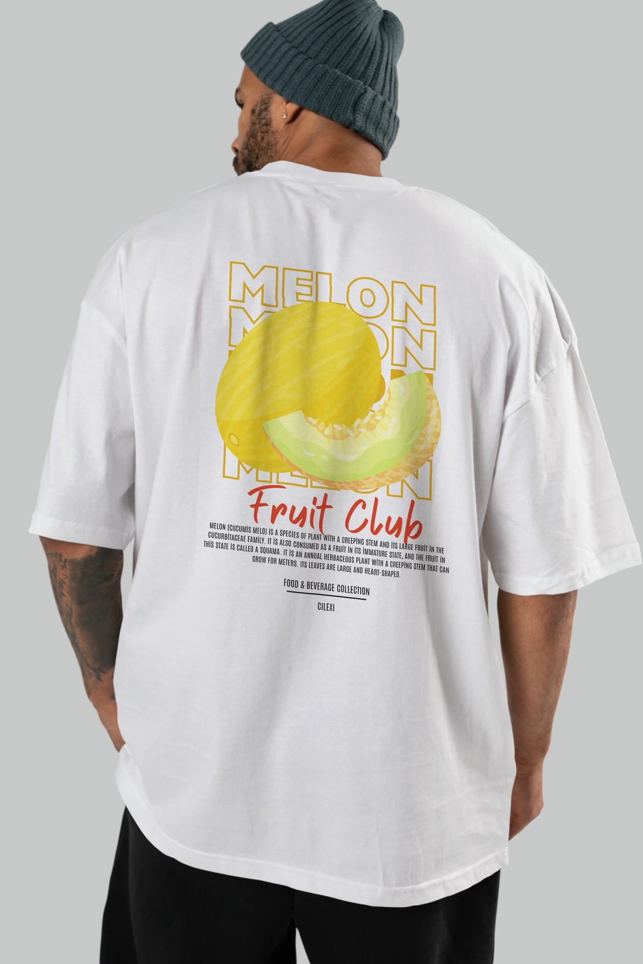 Melon Arka Baskılı Oversize t-shirt Erkek Kadın Pamuk Bisiklet Yaka tişort