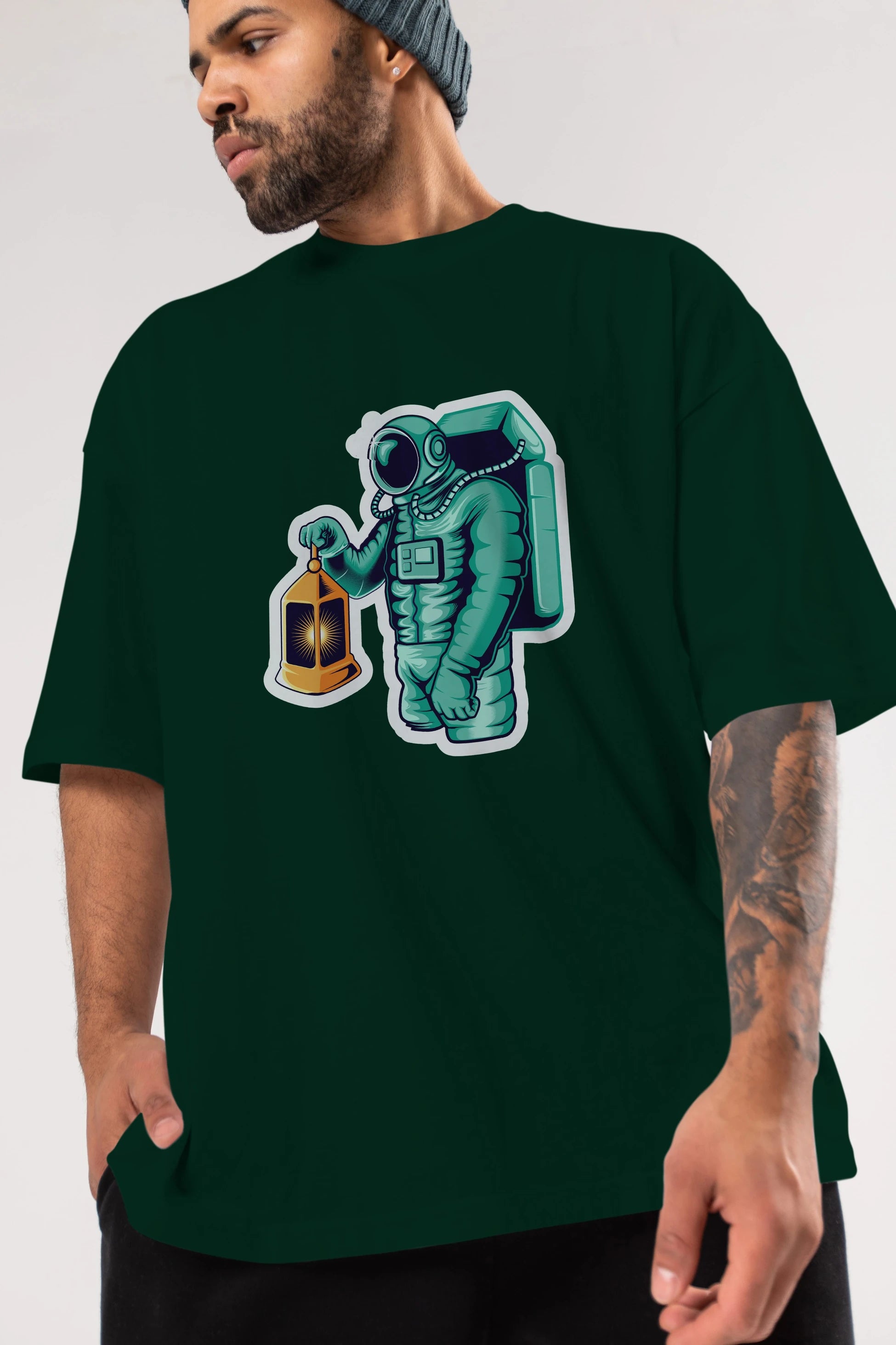 Astronaut Lantern Sticker Ön Baskılı Oversize t-shirt Erkek Kadın Unisex
