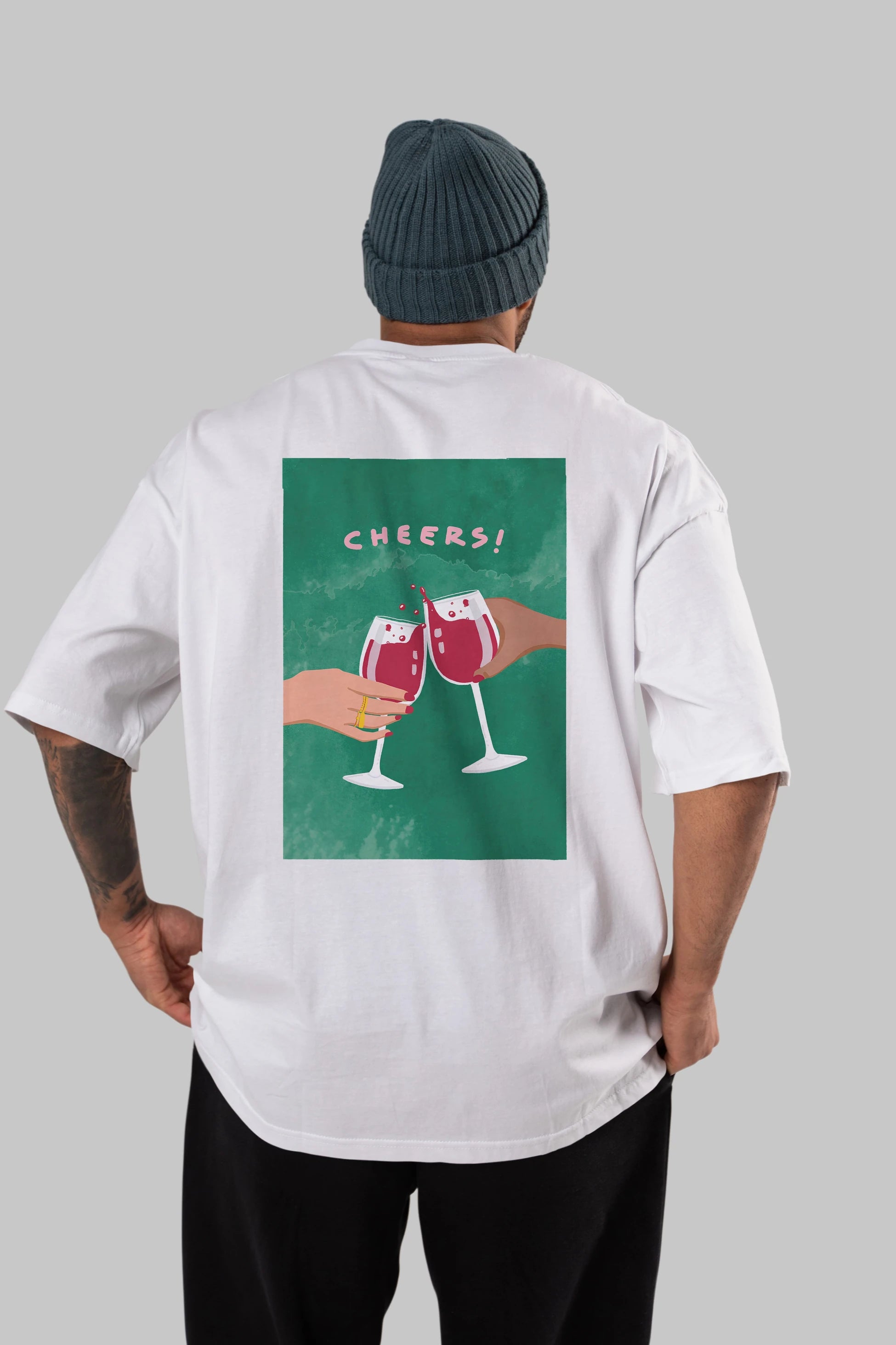 Cheers Arka Baskılı Oversize t-shirt Erkek Kadın Unisex %100 Pamuk Bisiklet Yaka tişort