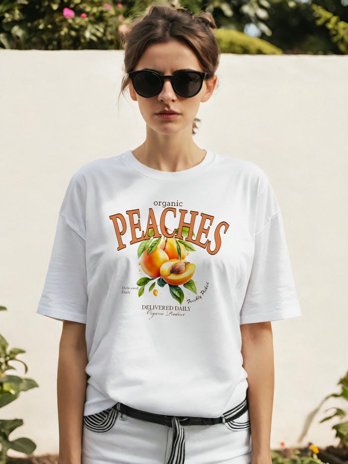 Peaches Ön Baskılı Oversize t-shirt Erkek Kadın Pamuk Bisiklet Yaka tişort