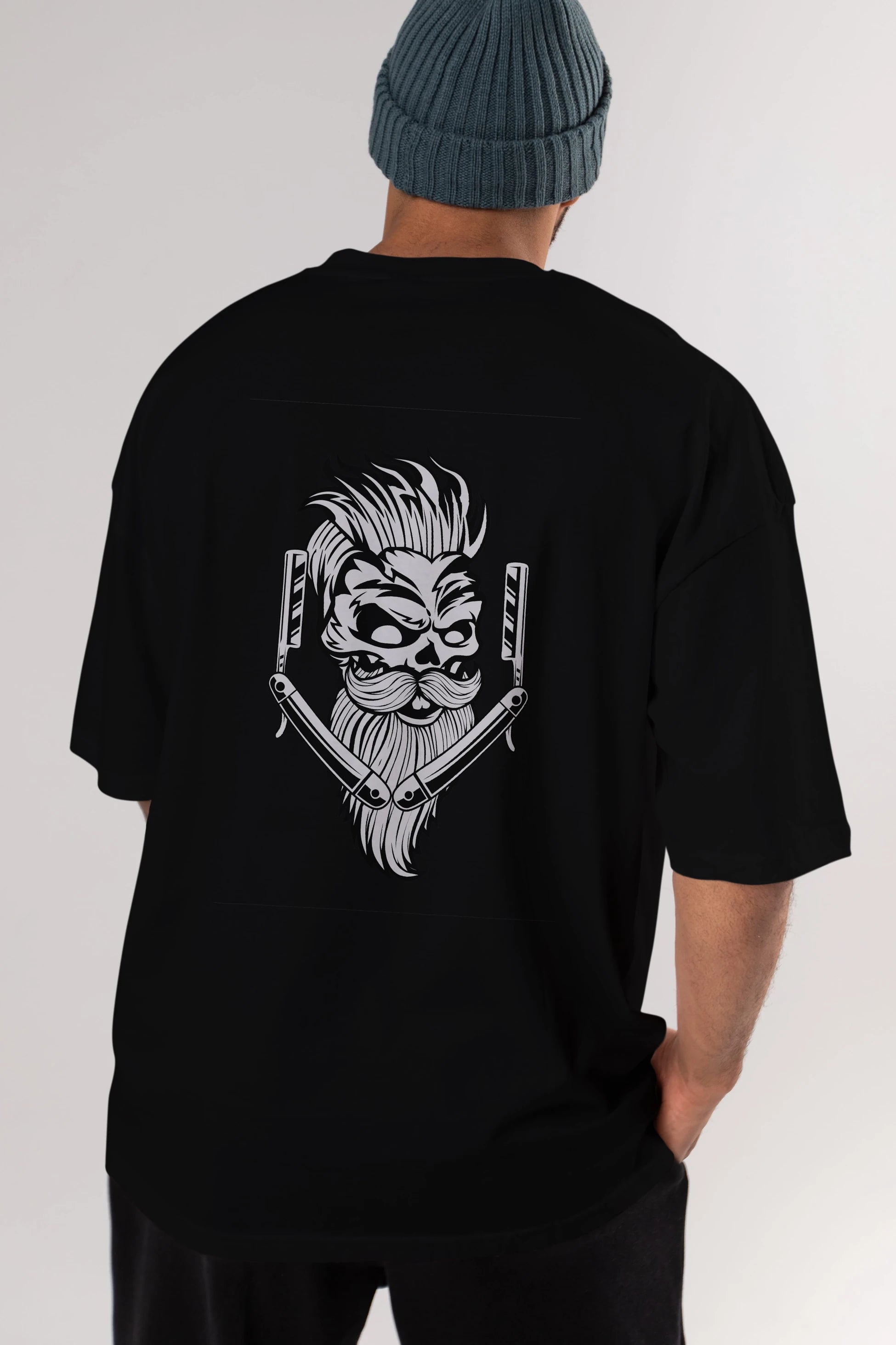 Skull Beard Arka Baskılı Oversize t-shirt Erkek Kadın Unisex %100 Pamuk tişort
