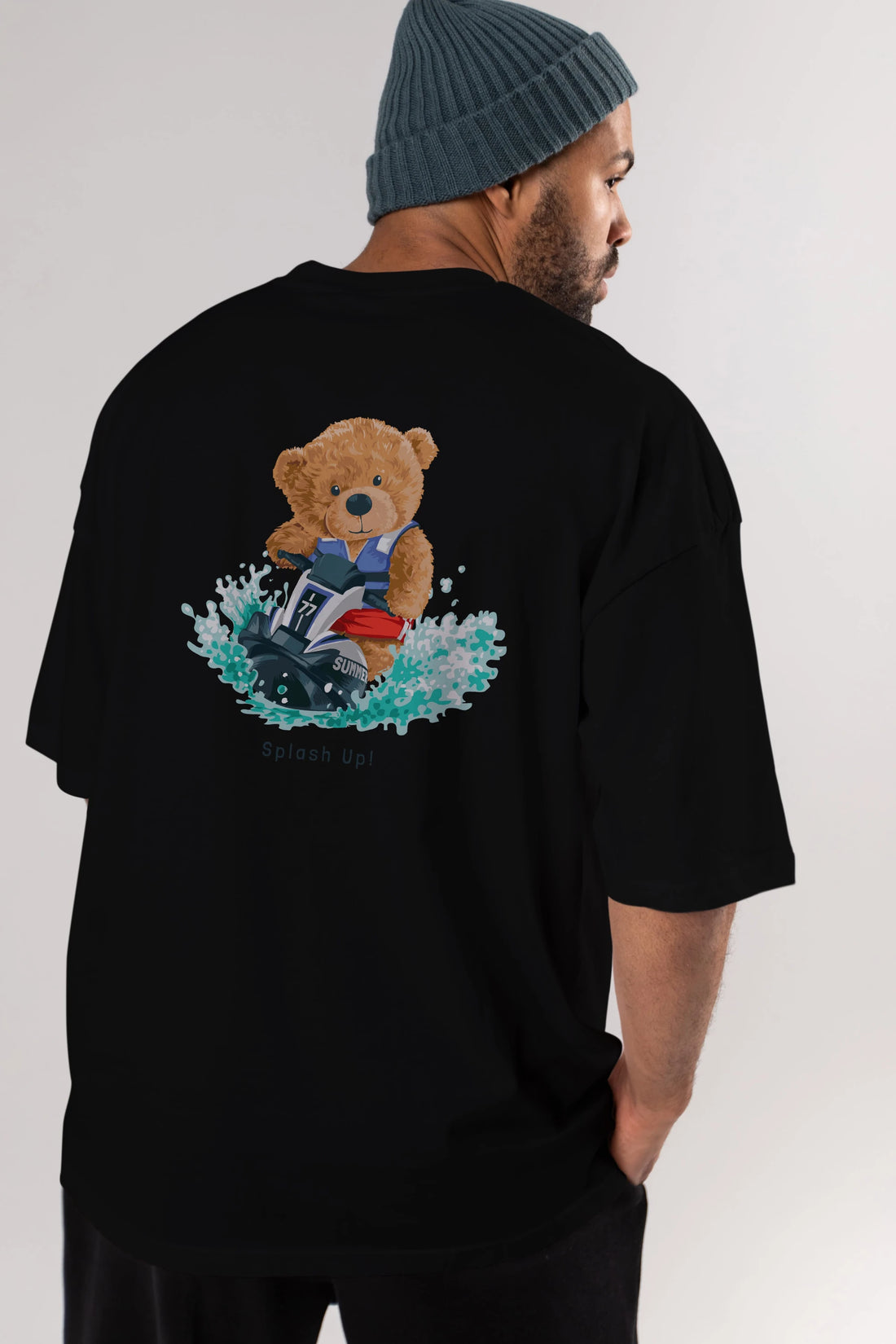 Teddy Bear Splash Up Arka Baskılı Oversize t-shirt Erkek Kadın Unisex %100 Pamuk