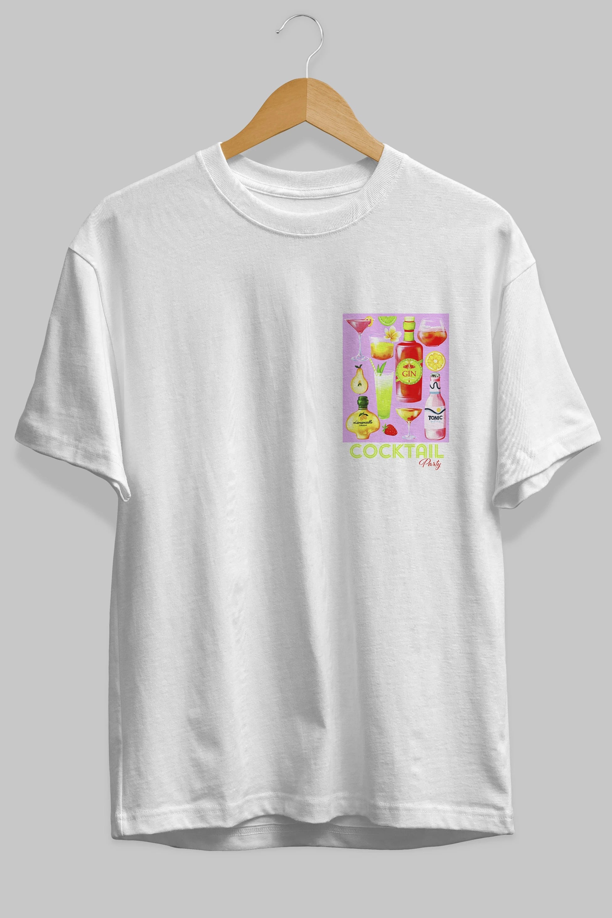 Cocktail Party Ön Sol Baskılı Oversize t-shirt Erkek Kadın Unisex %100 Pamuk Bisiklet Yaka tişort