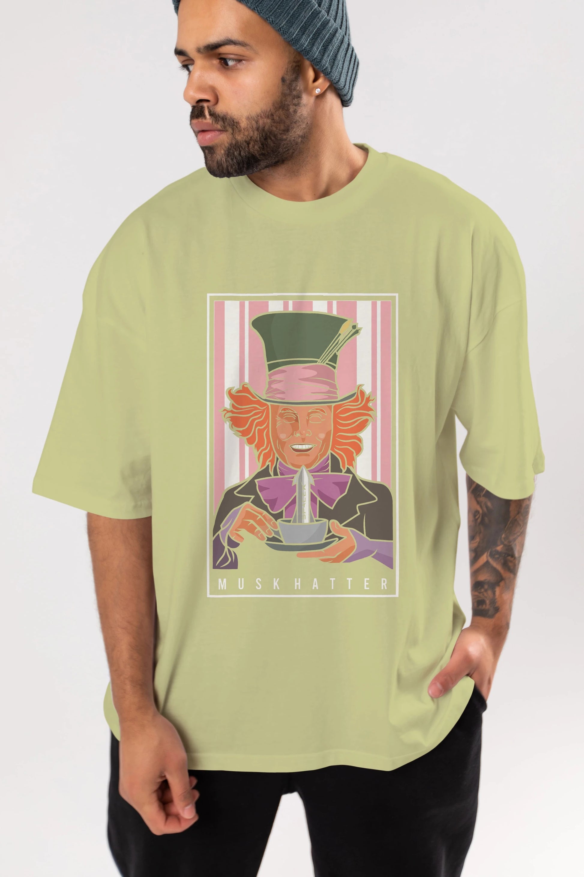 Mad Hatter Elon Musk Ön Baskılı Oversize t-shirt Erkek Kadın Unisex %100 Pamuk tişort