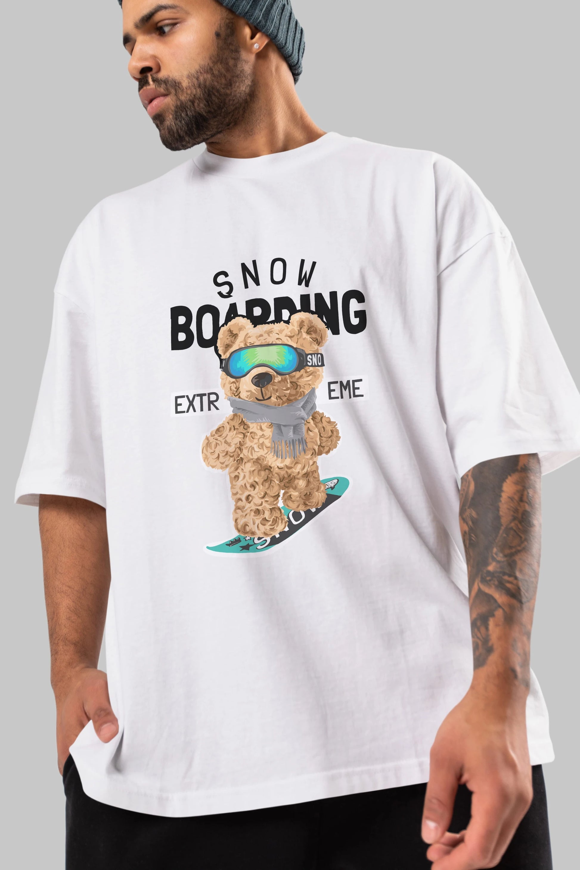 Teddy Bear Snow Boarding Ön Baskılı Oversize t-shirt Erkek Kadın Unisex %100 Pamuk