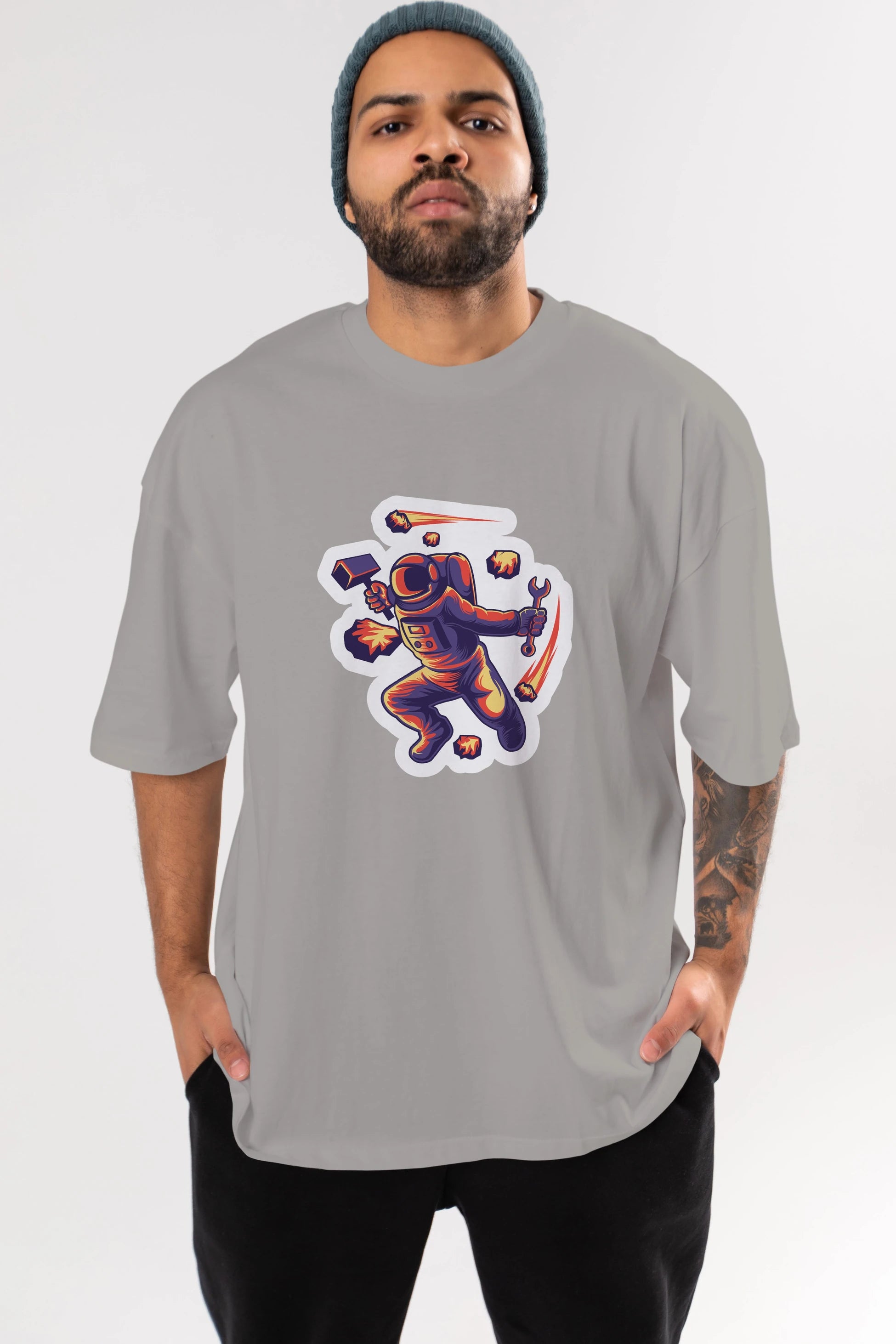 Astronaut Block Meteor Sticker Ön Baskılı Oversize t-shirt Erkek Kadın Unisex