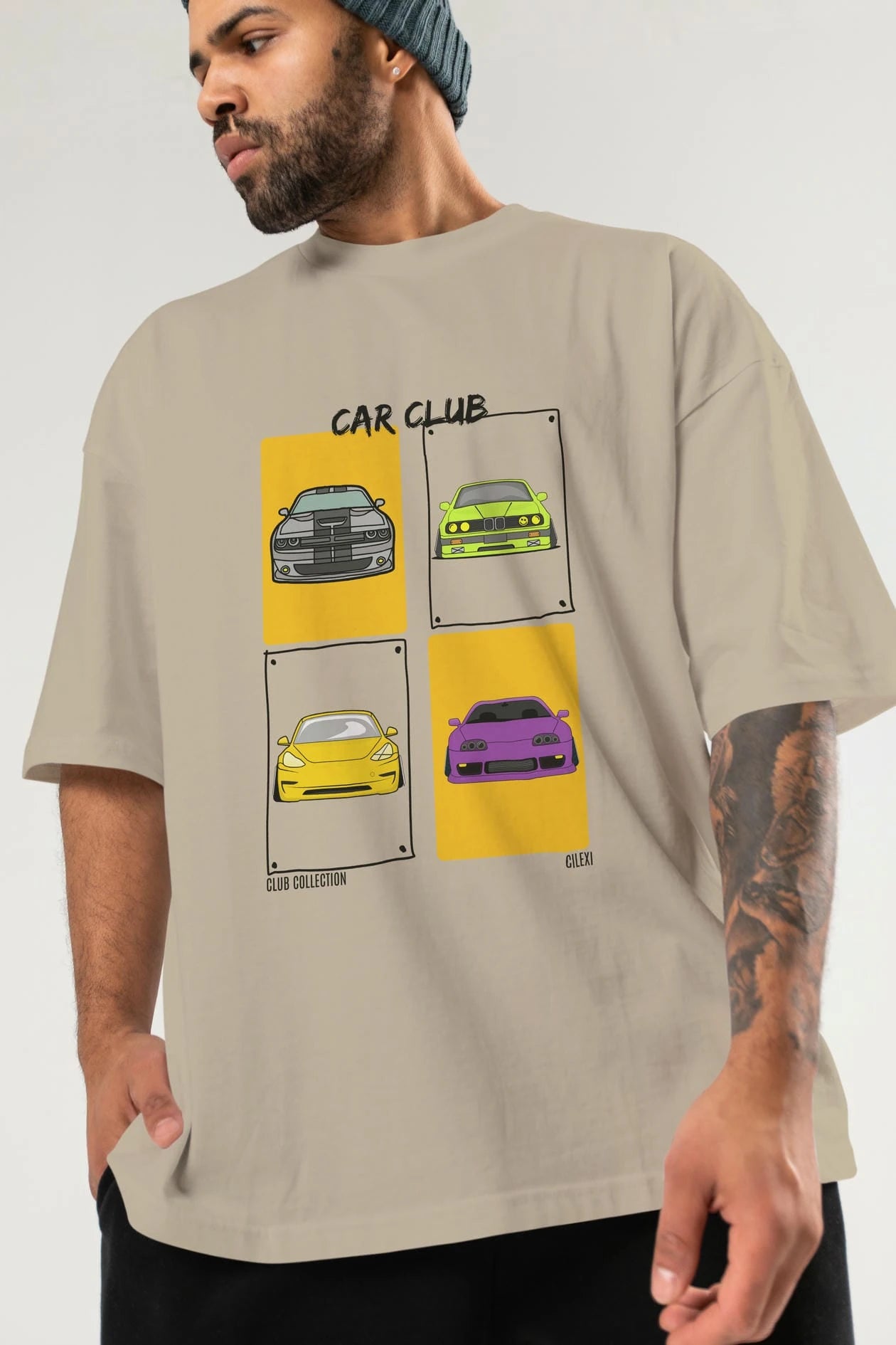 Car Club ön Baskılı Oversize t-shirt Erkek Kadın %100 Pamuk Bisiklet Yaka tişort