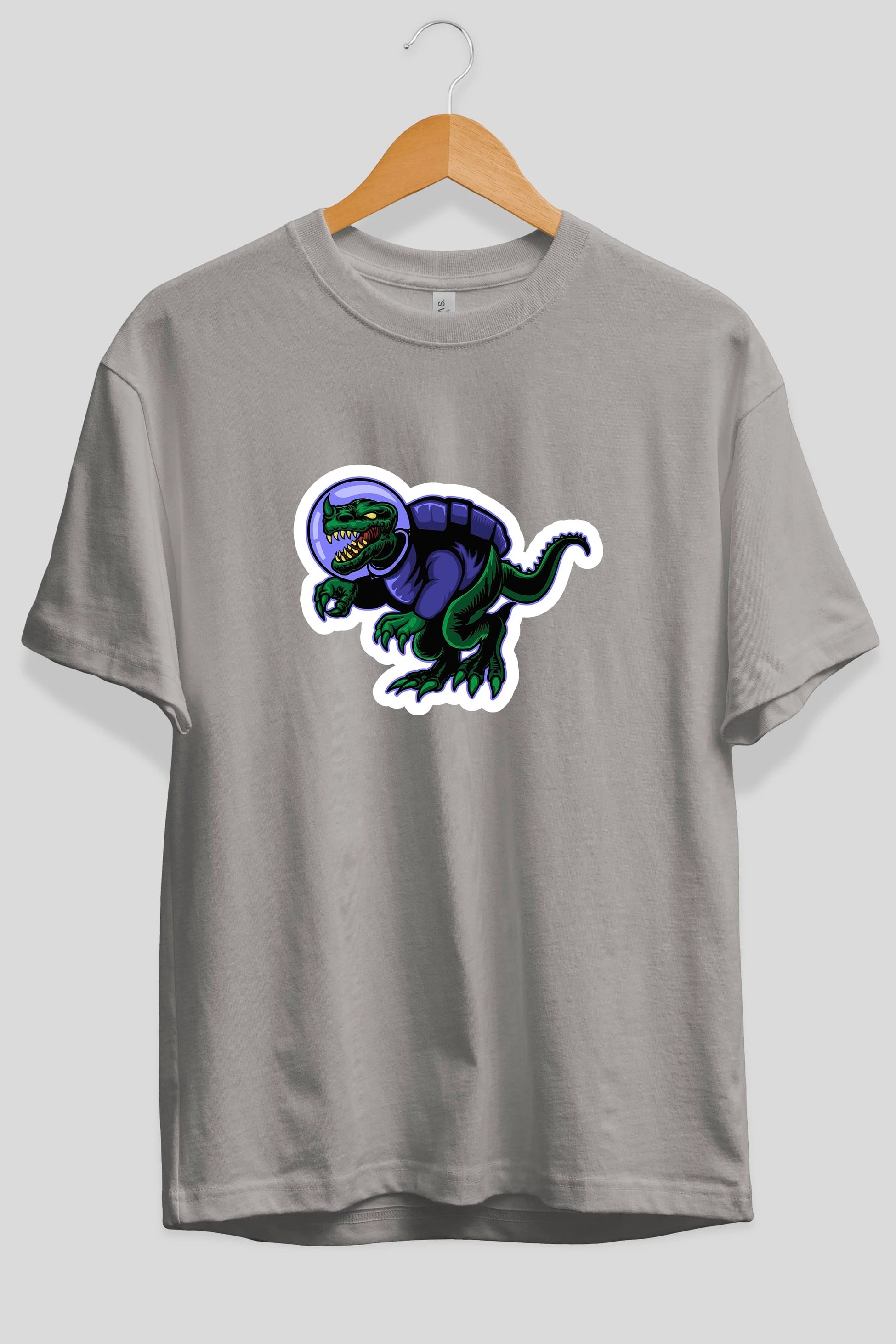 Space Dino Sticker Ön Baskılı Oversize t-shirt Erkek Kadın Unisex