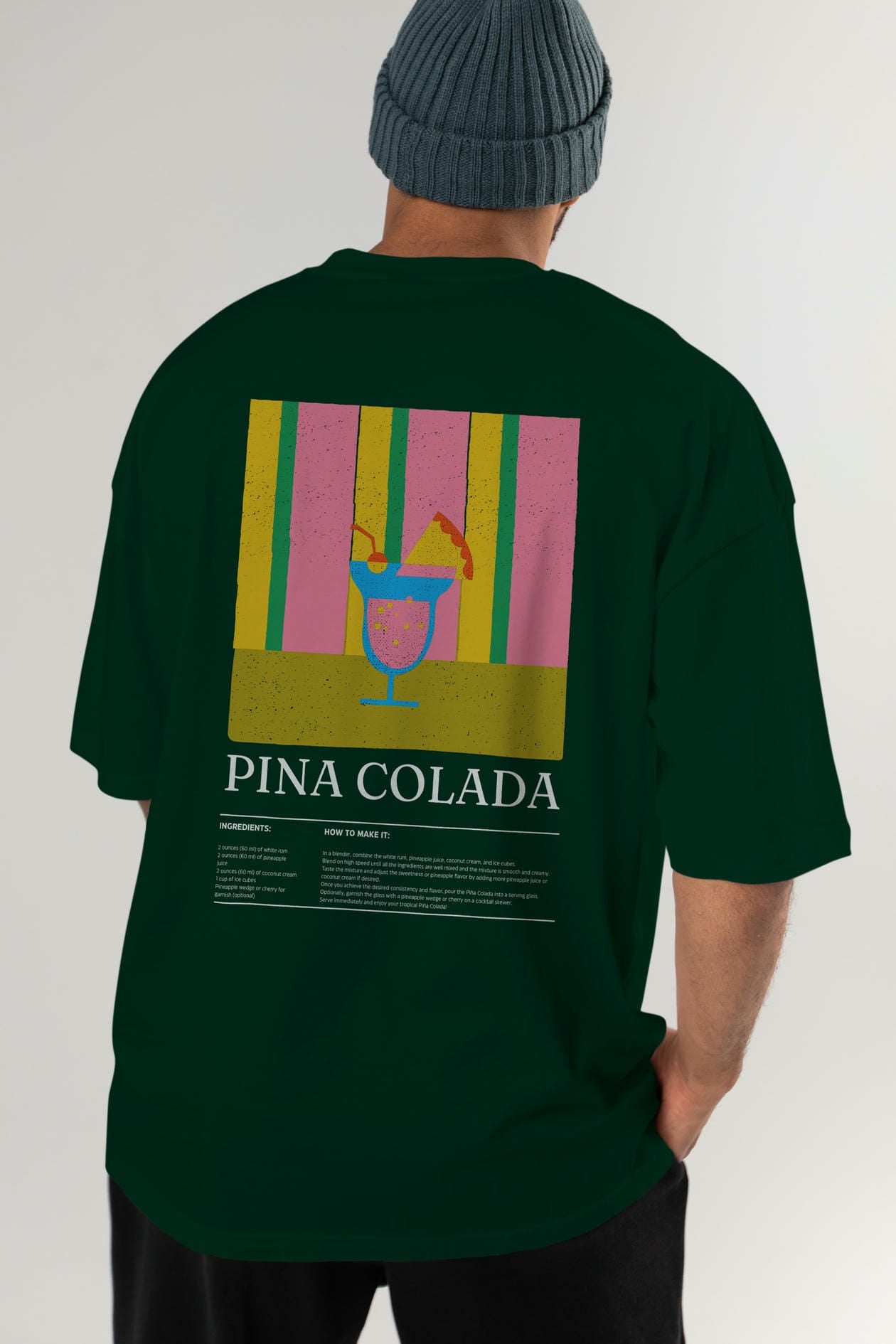 Pina Colada Kokteyl Serisi Arka Baskılı Oversize t-shirt Erkek Kadın %100 Pamuk Bisiklet Yaka tişort
