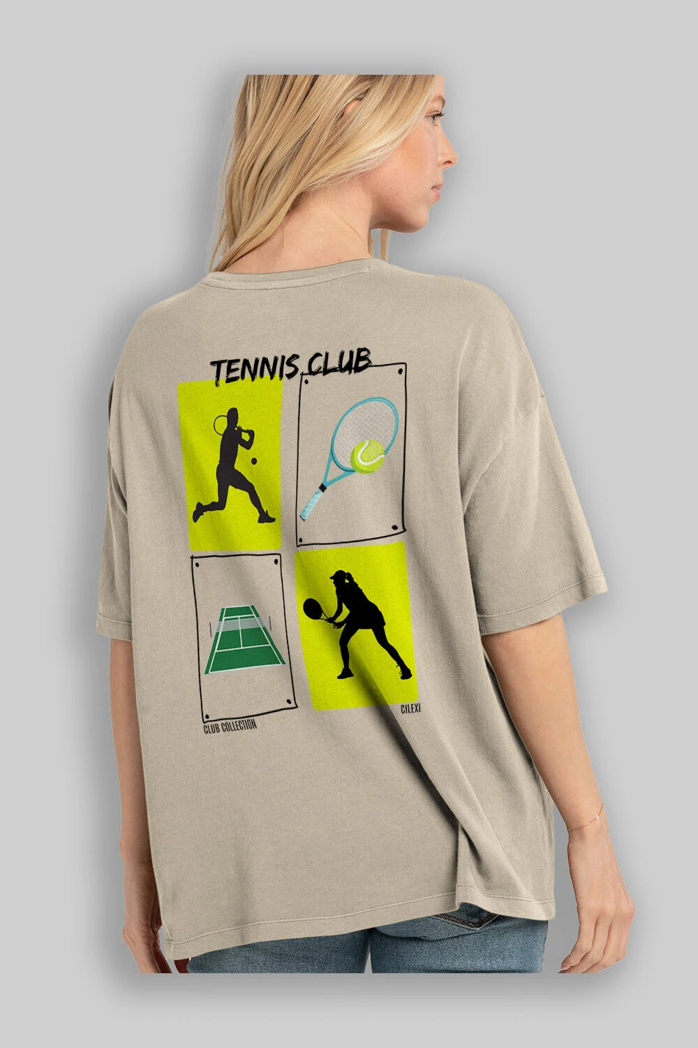Tennis Club Arka Baskılı Oversize t-shirt Erkek Kadın %100 Pamuk Bisiklet Yaka tişort