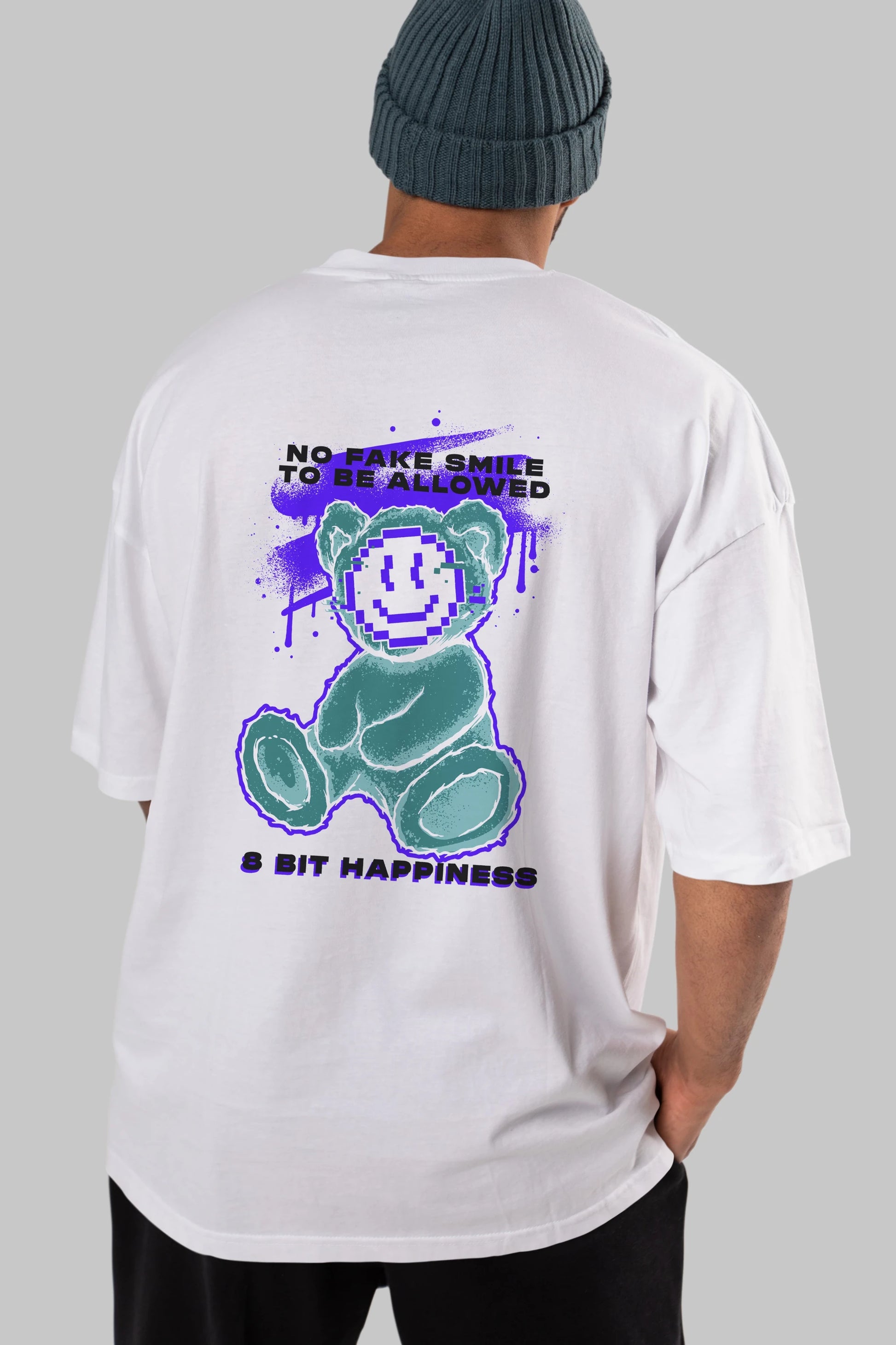 No Fake Smile Bear Arka Baskılı Oversize t-shirt Erkek Kadın Unisex