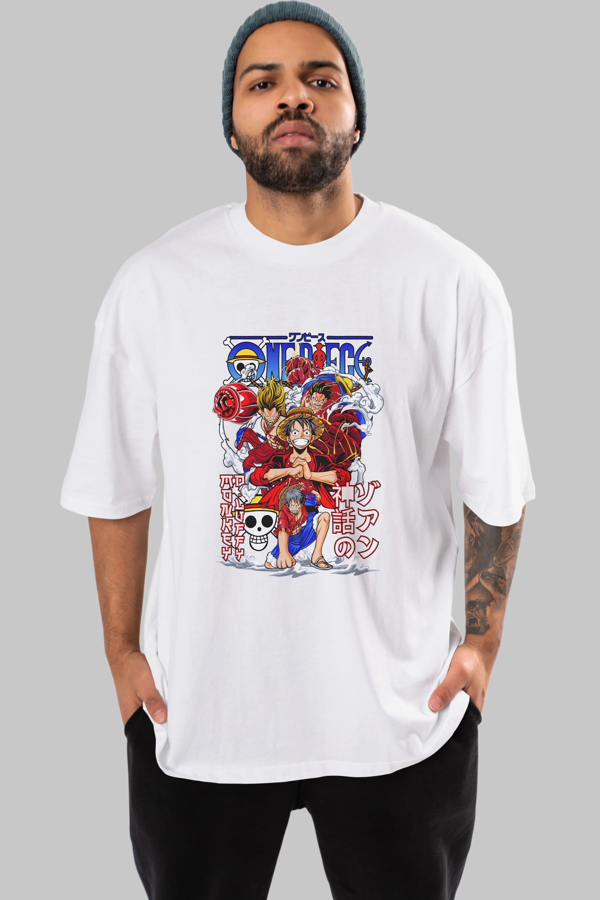MONKEY D. LUFF-ONE PIECE 2 Anime Ön Baskılı Oversize t-shirt %100 pamuk Erkek Kadın Unisex