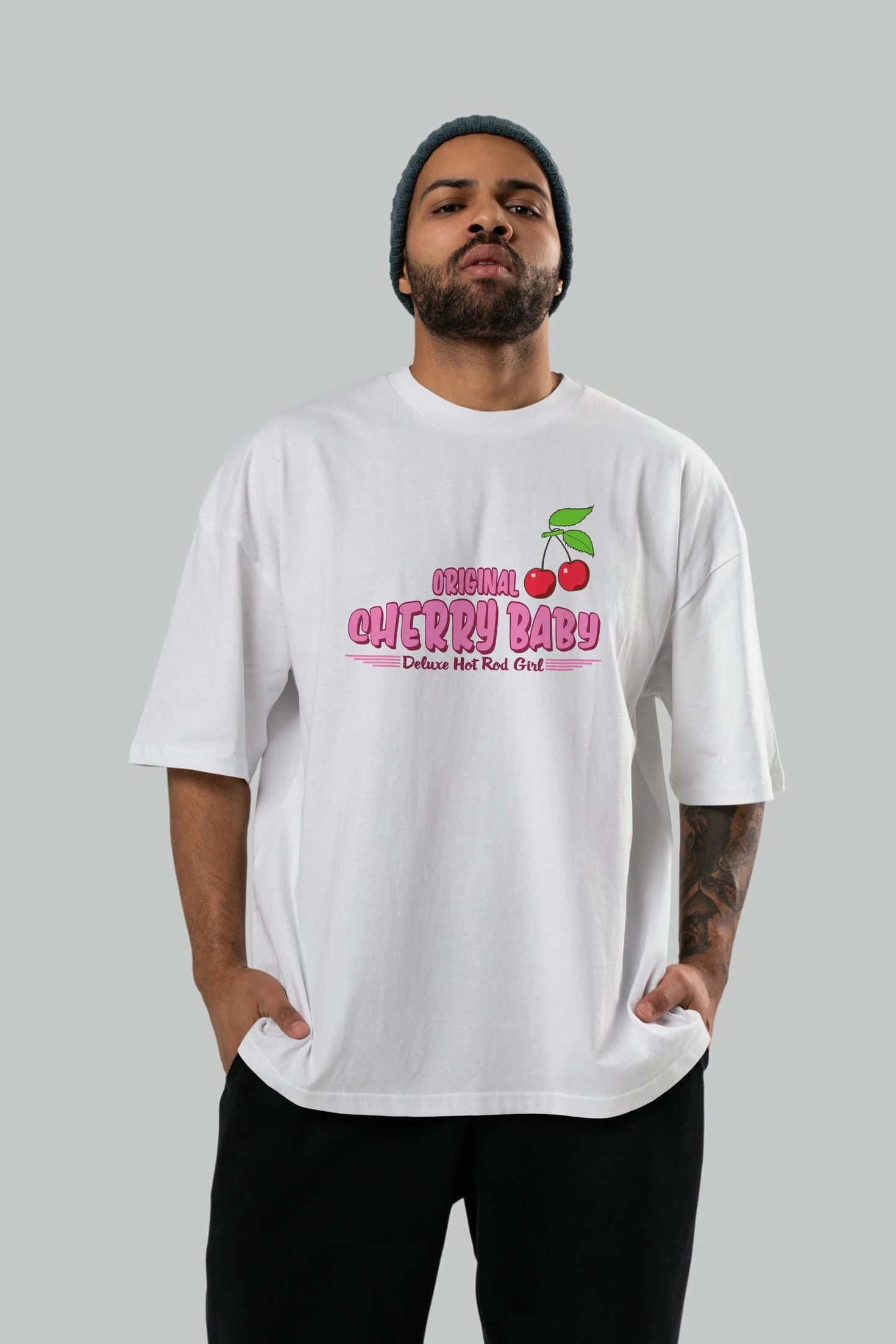 Cherry Baby Ön Baskılı Oversize t-shirt Erkek Kadın Pamuk Bisiklet Yaka tişort