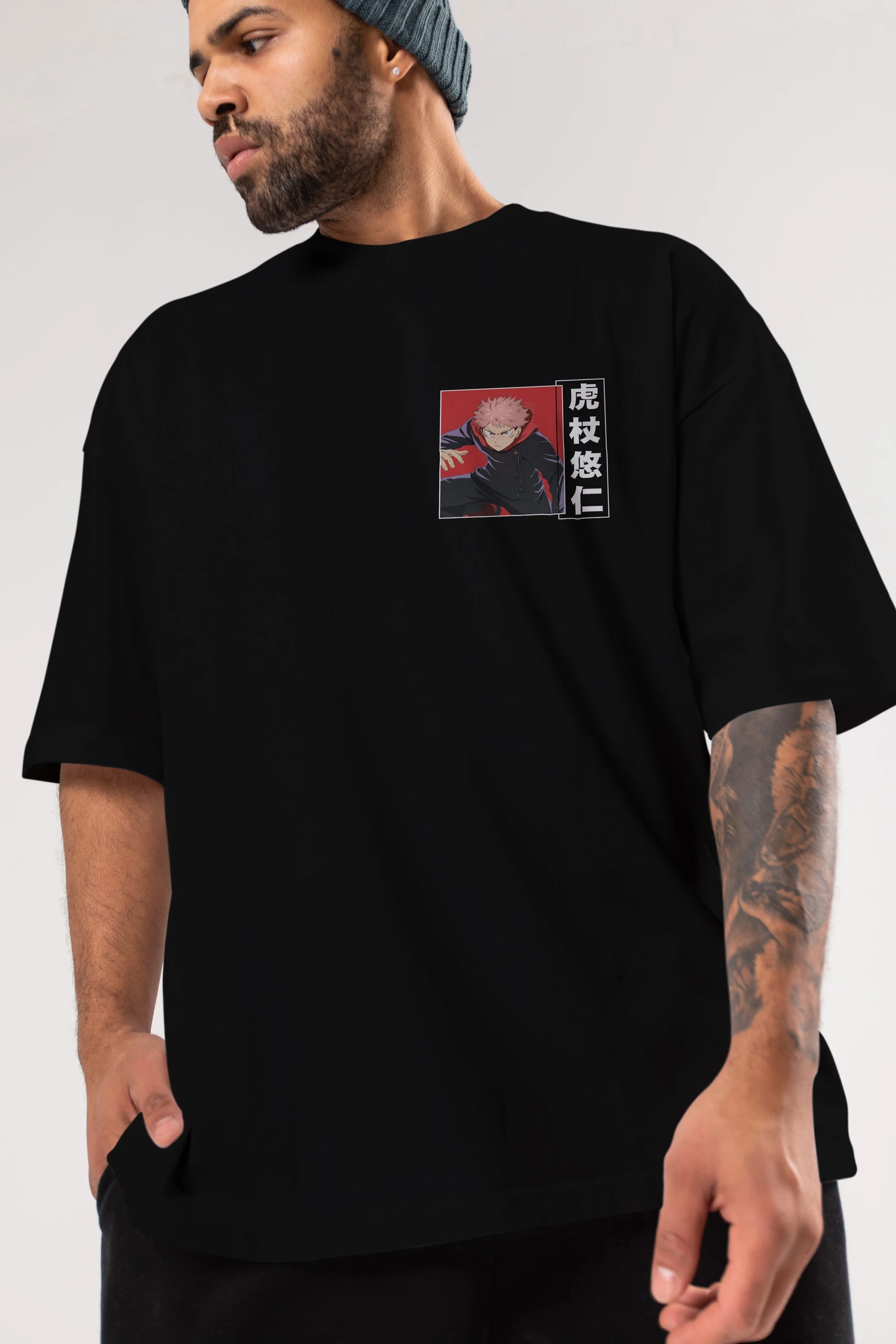 Yuuji Itadori 2 Ön Sol Baskılı Oversize t-shirt Erkek Kadın Unisex %100 Pamuk Bisiklet Yaka tişort