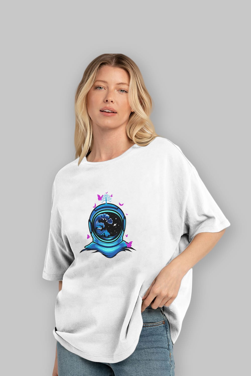 Astronaut and Butterfly Sticker Ön Baskılı Oversize t-shirt Erkek Kadın Unisex