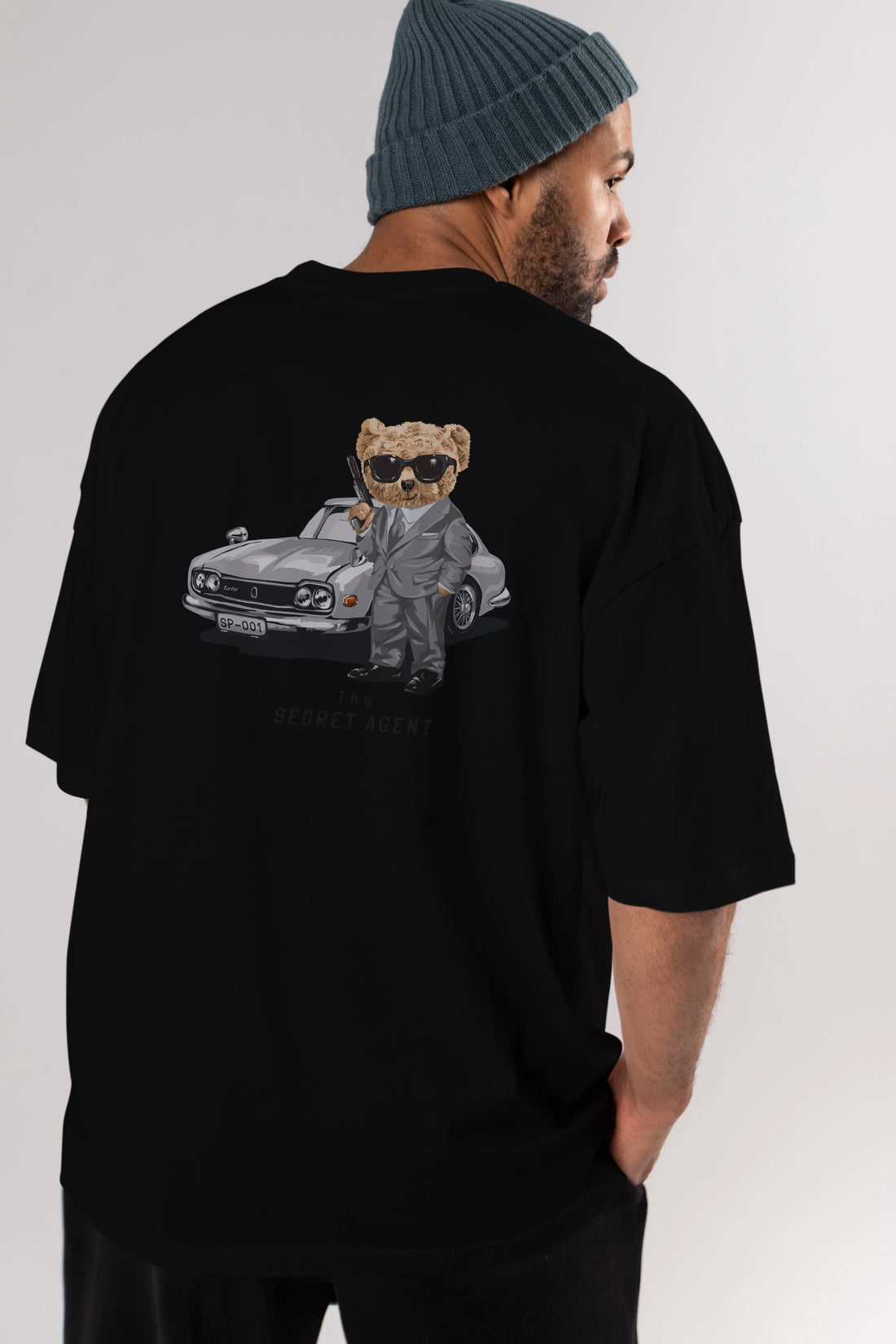 Teddy Bear The Secret Agent Arka Baskılı Oversize t-shirt Erkek Kadın Unisex %100 Pamuk