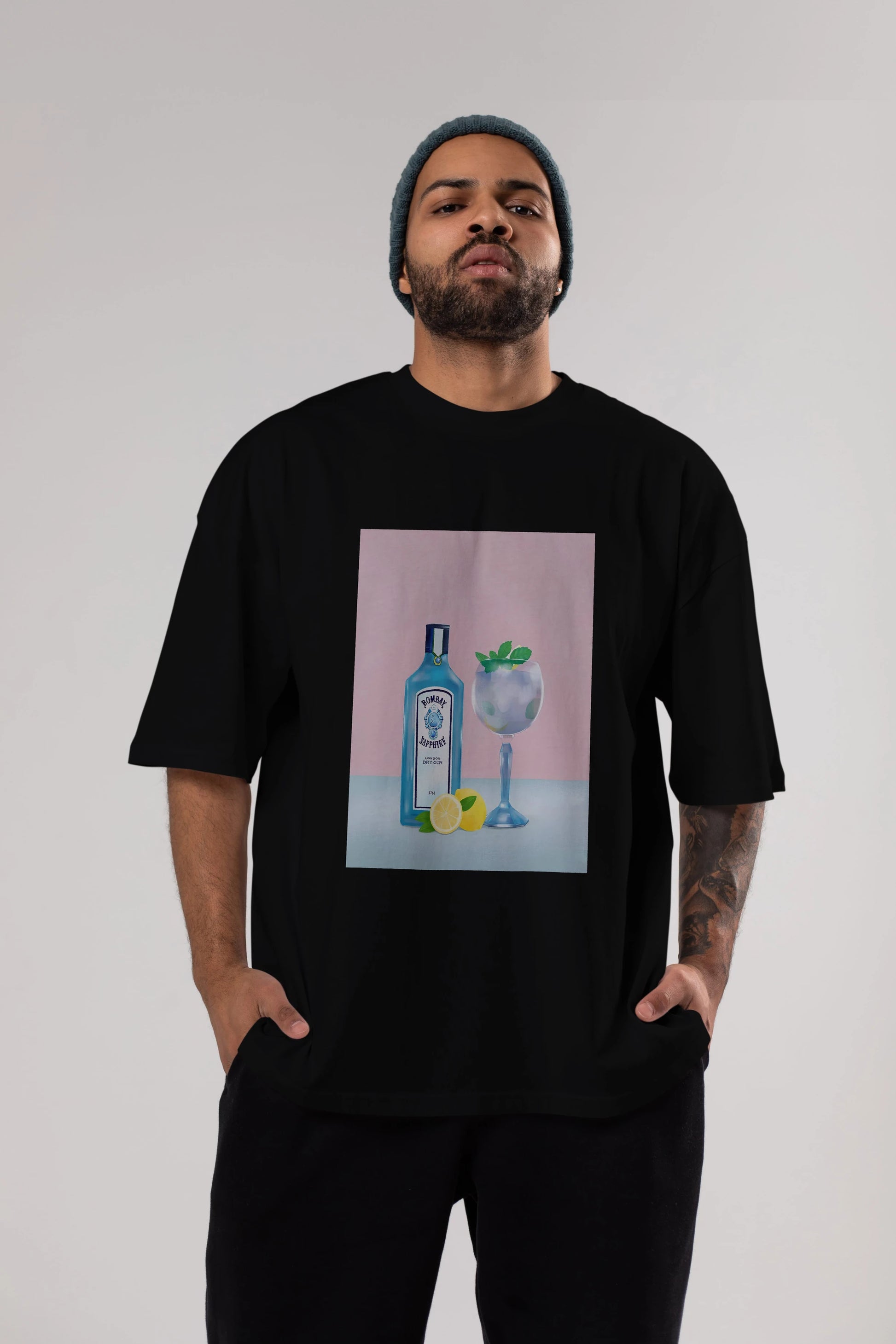 Bombay Sapphire Dry Gin Ön Baskılı Oversize t-shirt Erkek Kadın Unisex %100 Pamuk Bisiklet Yaka tişort