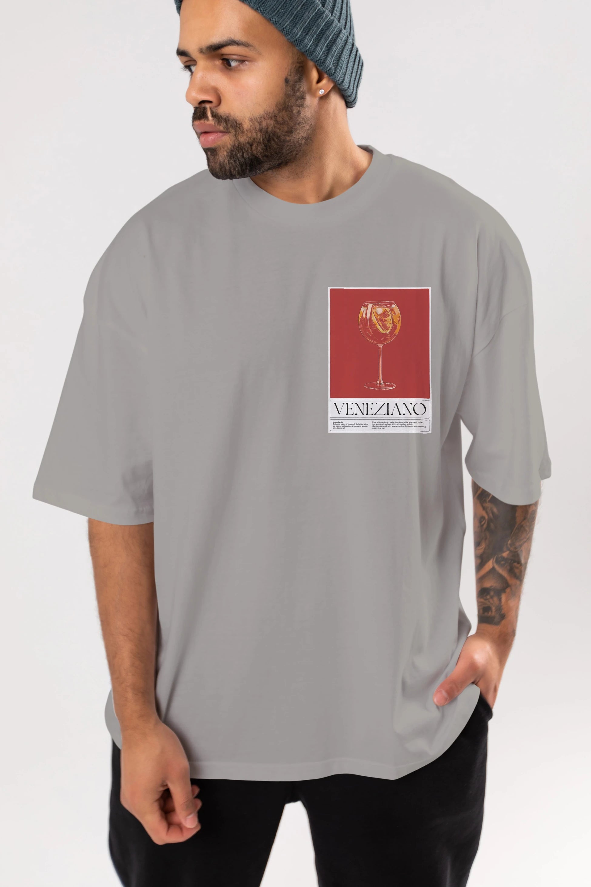 Veneziano Ön Sol Baskılı Oversize t-shirt Erkek Kadın Unisex %100 Pamuk Bisiklet Yaka tişort