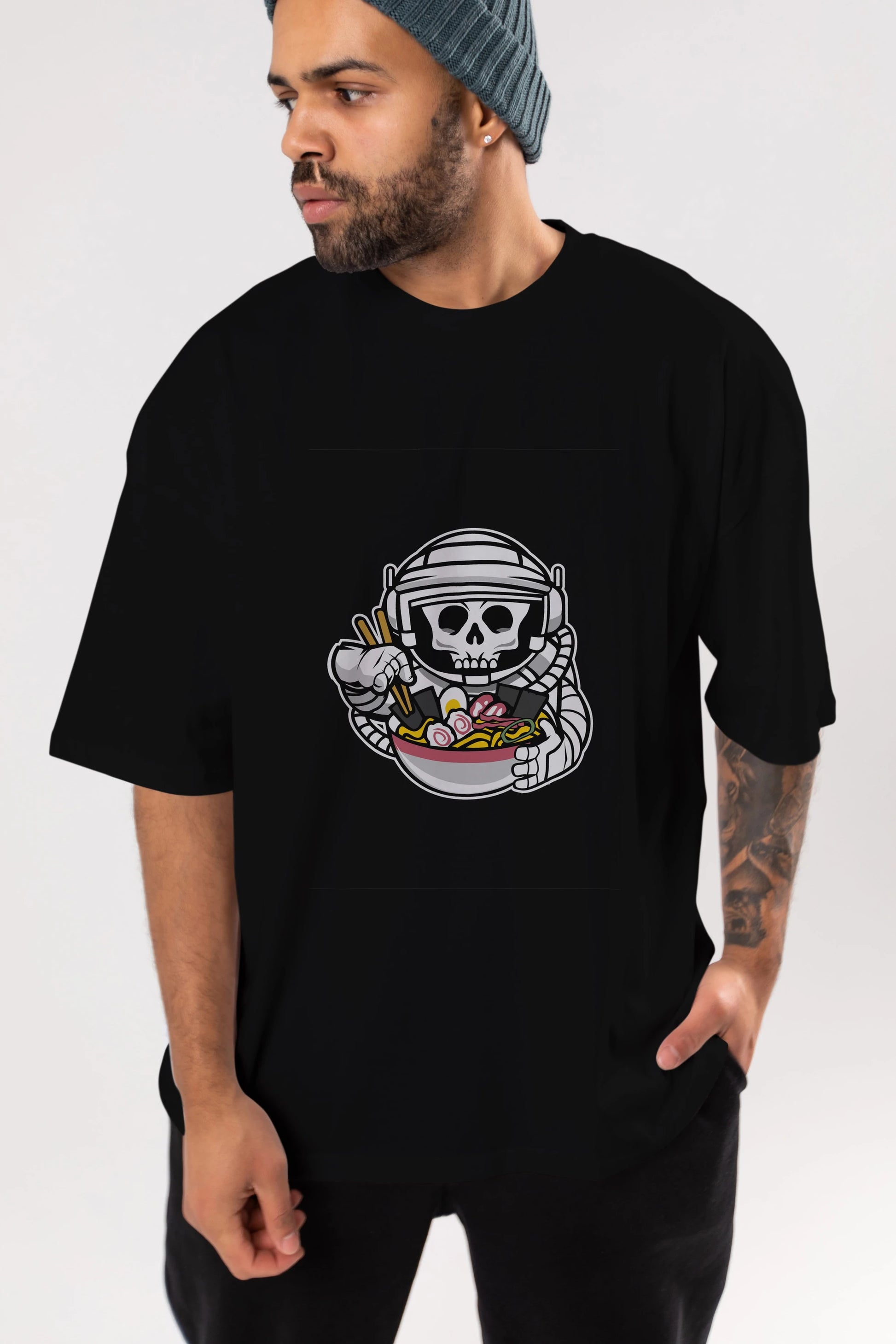 Astronaut Ramen Ön Baskılı Oversize t-shirt Erkek Kadın Unisex %100 Pamuk tişort