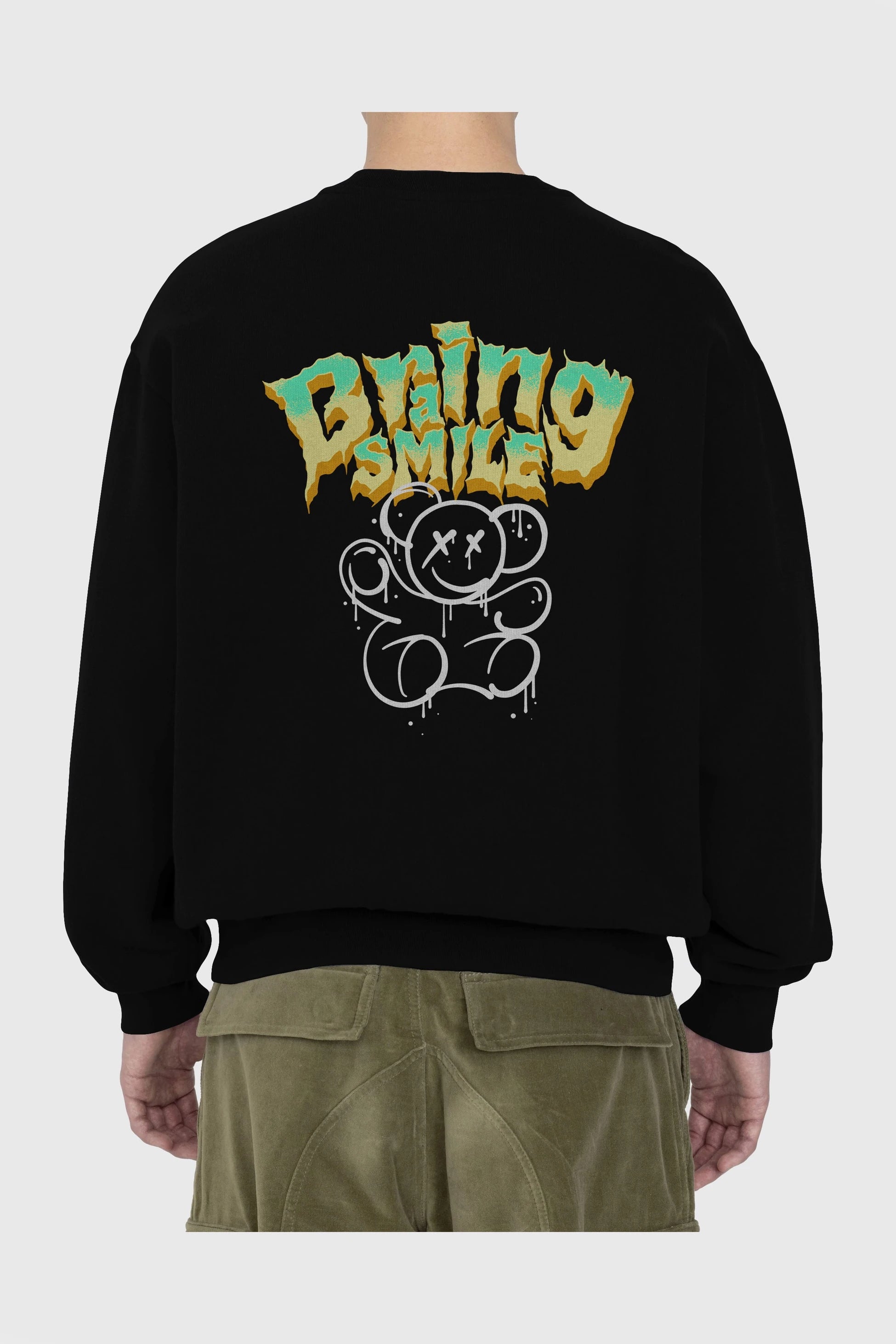 Teddy Bear Braing Smile Arka Baskılı Oversize Sweatshirt Erkek Kadın Unisex