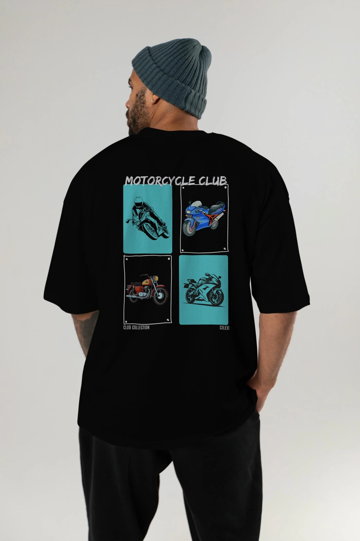 Motorcycle Club Arka Baskılı Oversize t-shirt Erkek Kadın %100 Pamuk Bisiklet Yaka tişort
