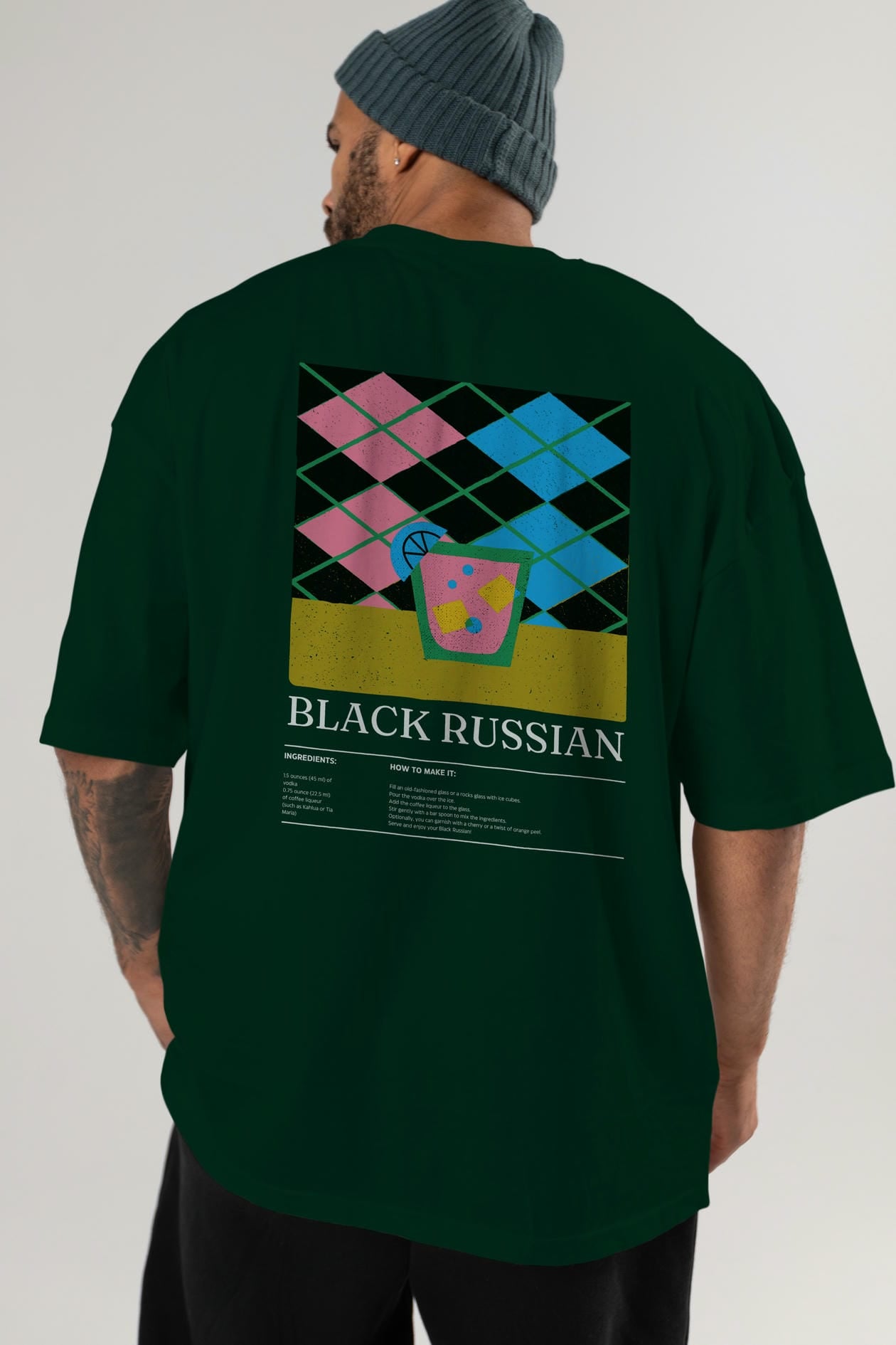 Black Russian Kokteyl Serisi Arka Baskılı Oversize t-shirt Erkek Kadın %100 Pamuk Bisiklet Yaka tişort