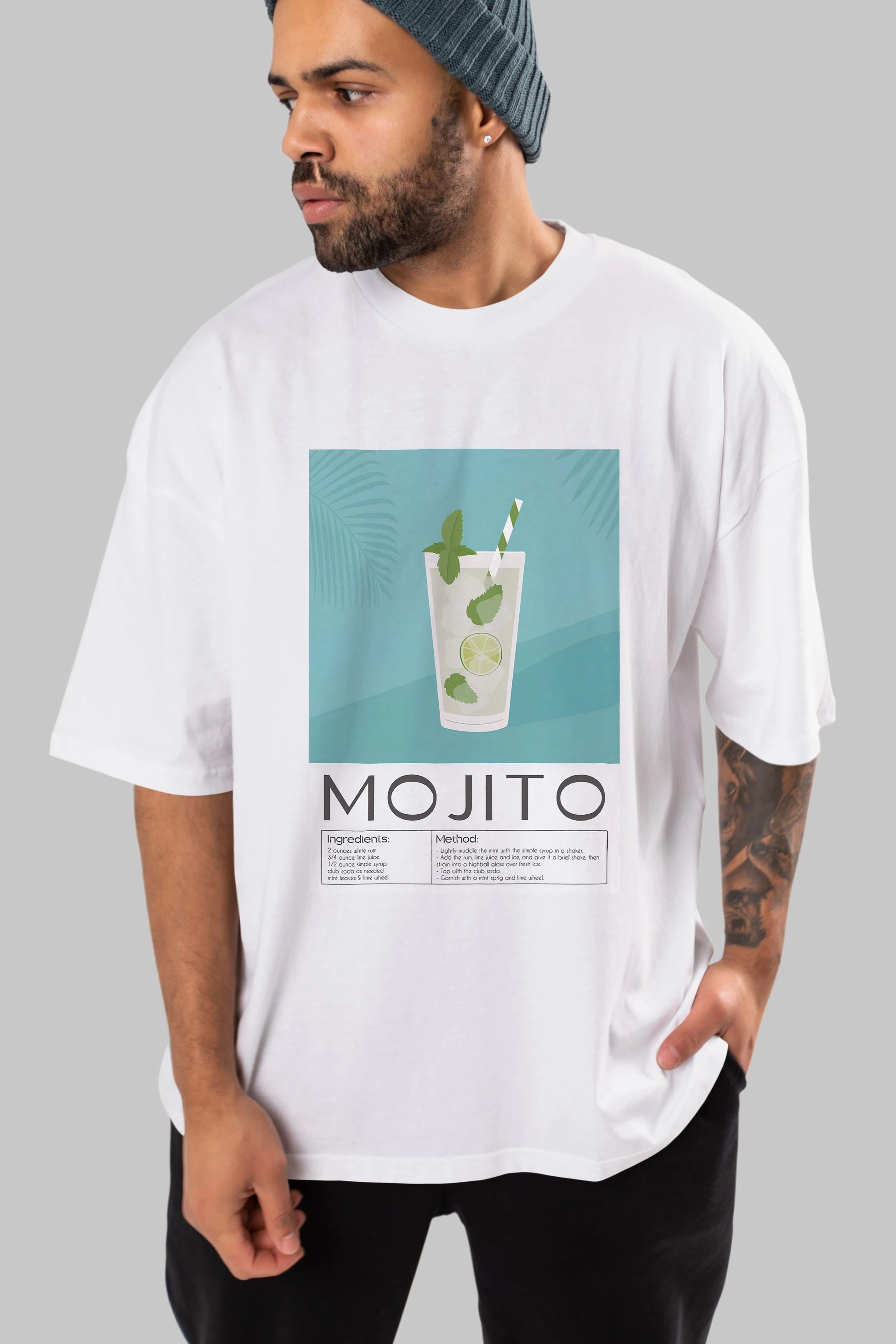 Mojito 4 Ön Baskılı Oversize t-shirt Erkek Kadın Unisex %100 Pamuk Bisiklet Yaka tişort