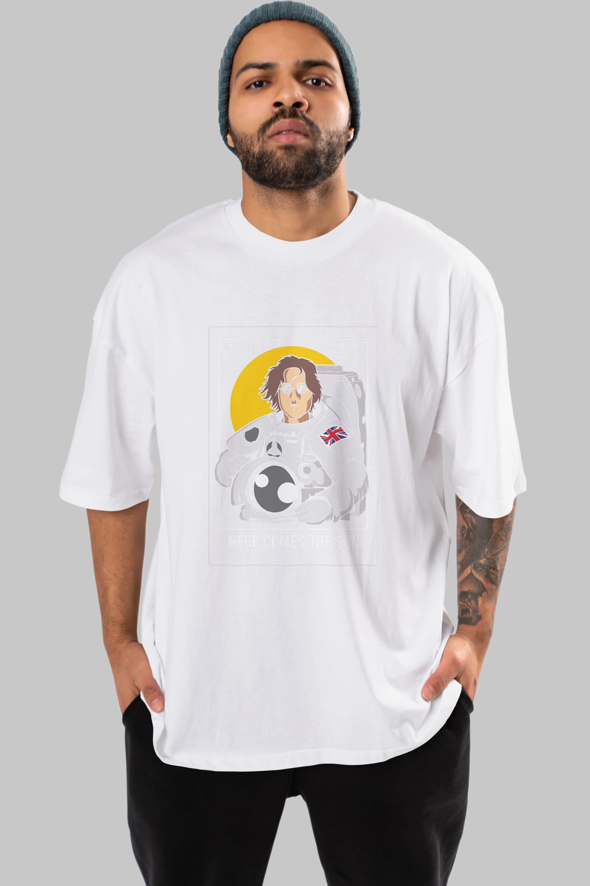 John Lennon Astronot Ön Baskılı Oversize t-shirt Erkek Kadın Unisex %100 Pamuk tişort
