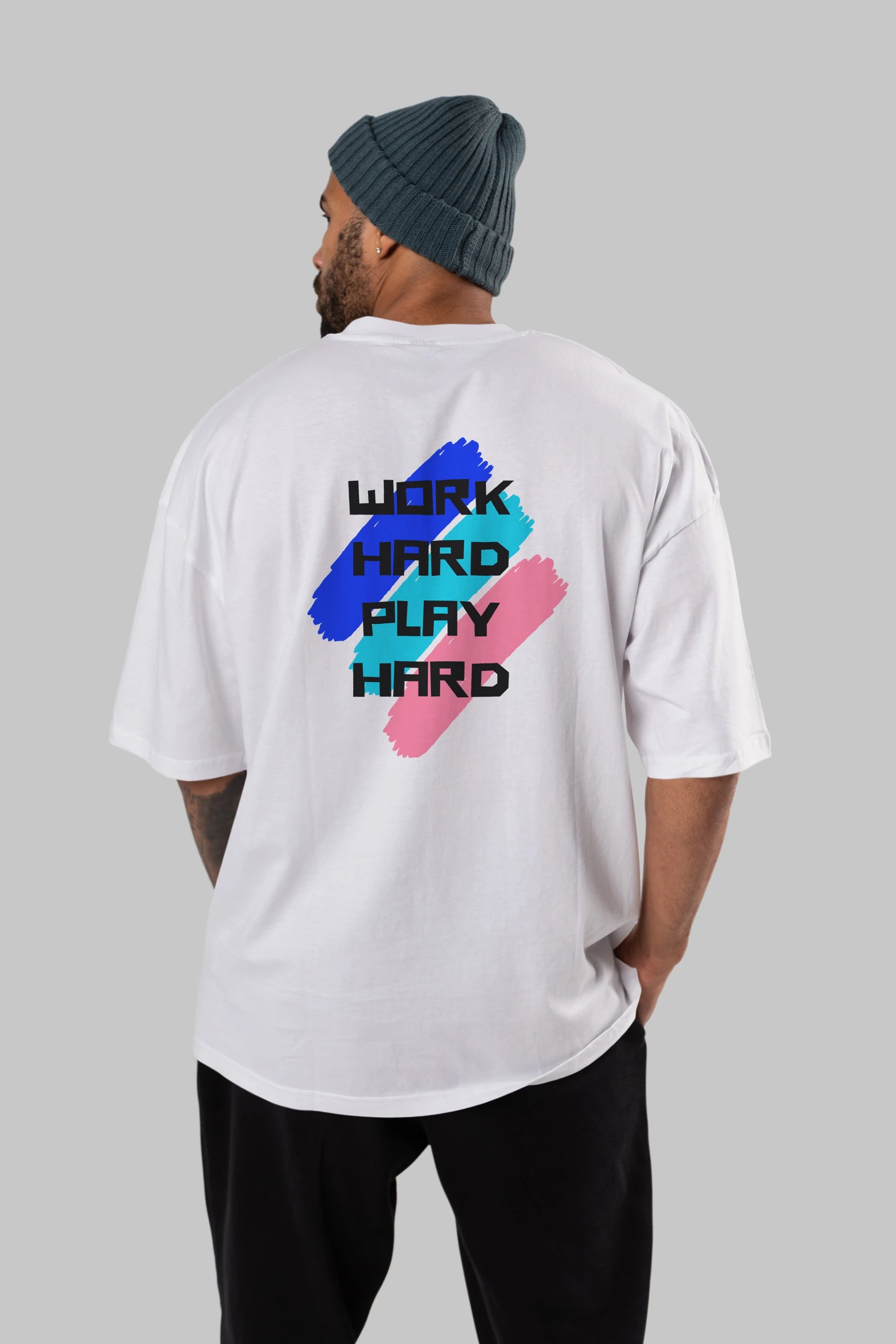 Work Hard Play Hard 2 Arka Baskılı Oversize t-shirt Erkek Kadın Unisex